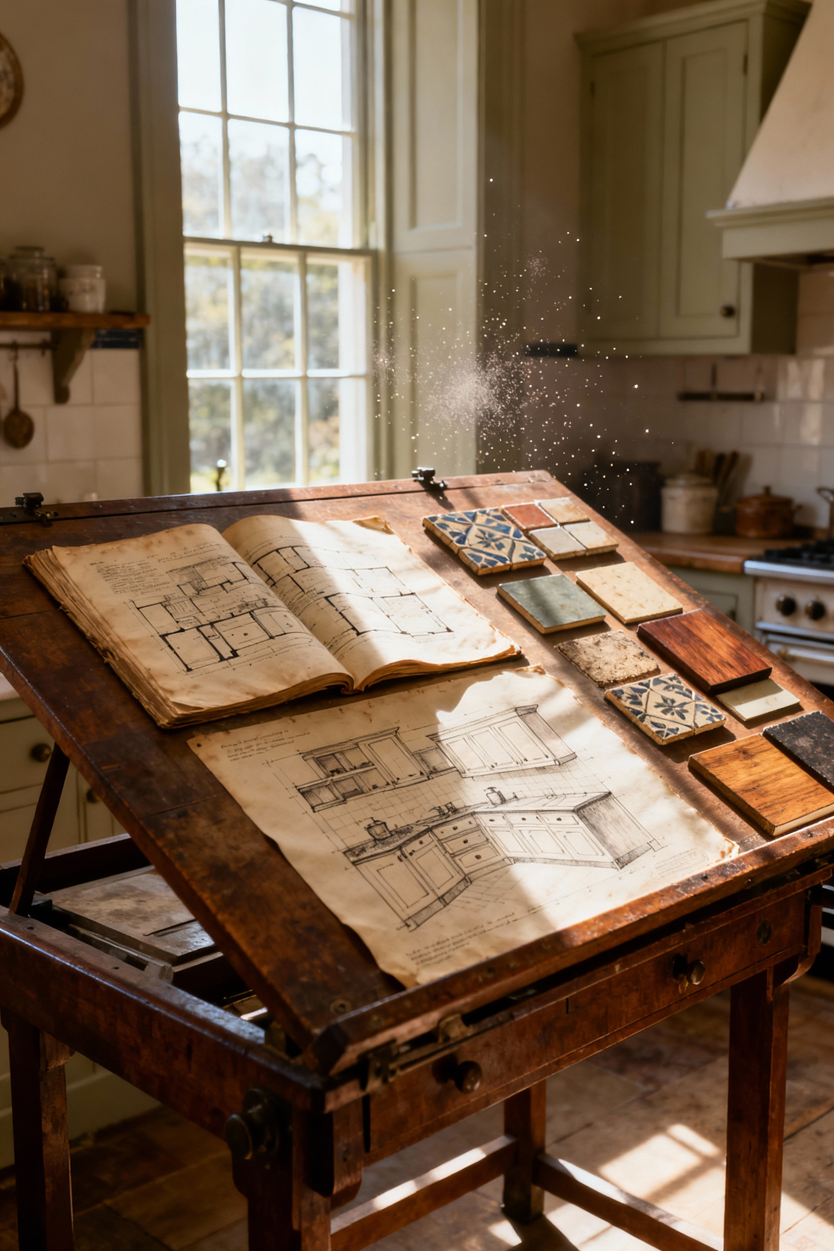 An antique architect's drafting table with aged blueprints, historical photos, and material samples in a sunlit historic kitchen, symbolizing meticulous provenance research for authentic renovation.