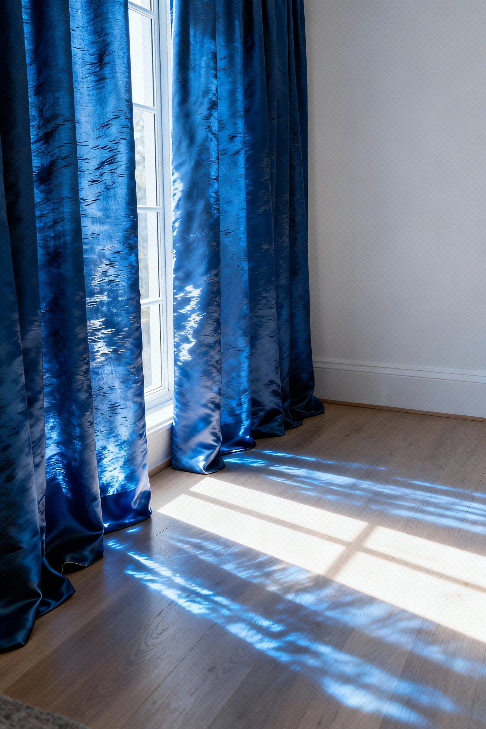 Textured indigo blue raw silk Dupioni drapery filtering strong afternoon sunlight into a modern bedroom, highlighting the shimmering kinetic light effect created by the fabric's irregular threads.