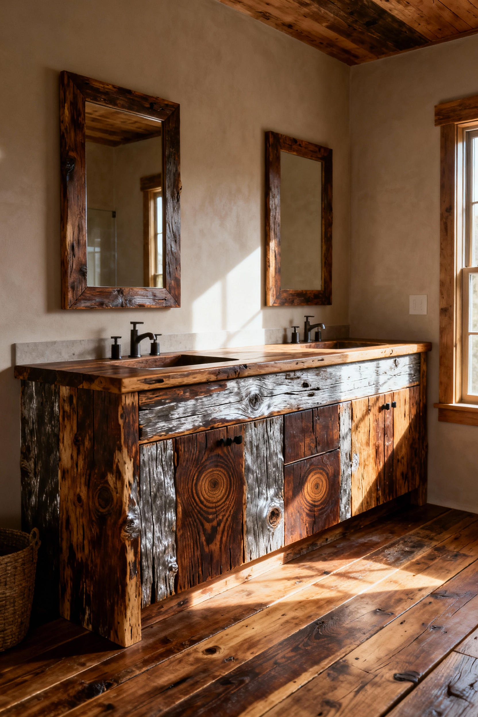 Spacious rustic bathroom featuring a sturdy double vanity and wide plank flooring made of dense, richly textured reclaimed old-growth timber.
