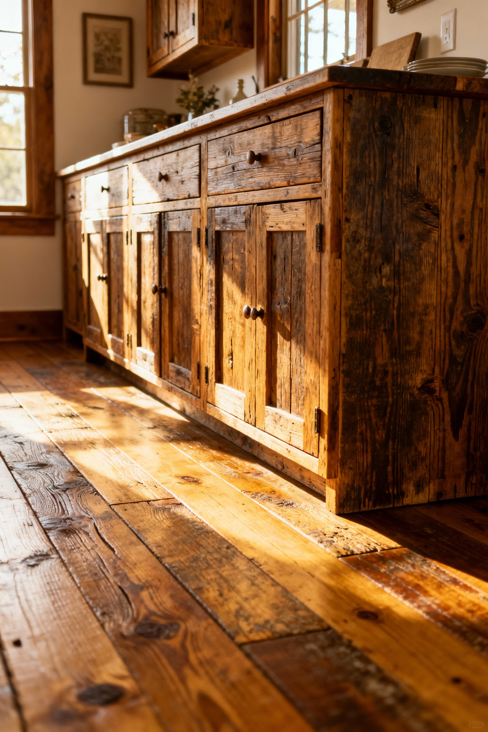 Custom kitchen cabinetry and wide-plank flooring meticulously crafted from richly textured reclaimed heart pine timber, showcasing artisanal joinery in a historic kitchen setting under soft natural light.