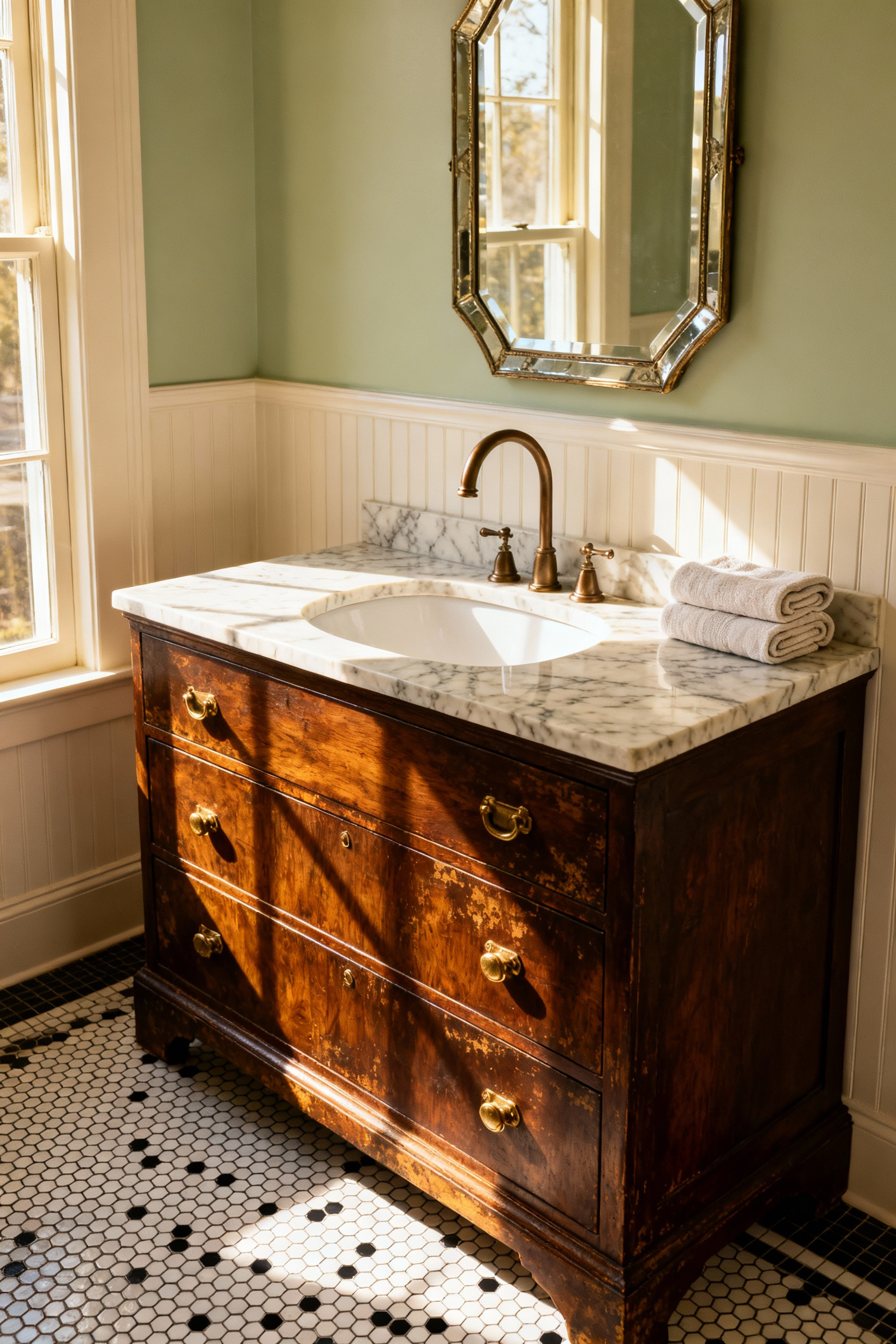 Antique dark mahogany dresser carefully repurposed into a bathroom vanity with a white marble top and bronze faucet, set against beadboard walls and a geometric mosaic tile floor in a luxury vintage bathroom.