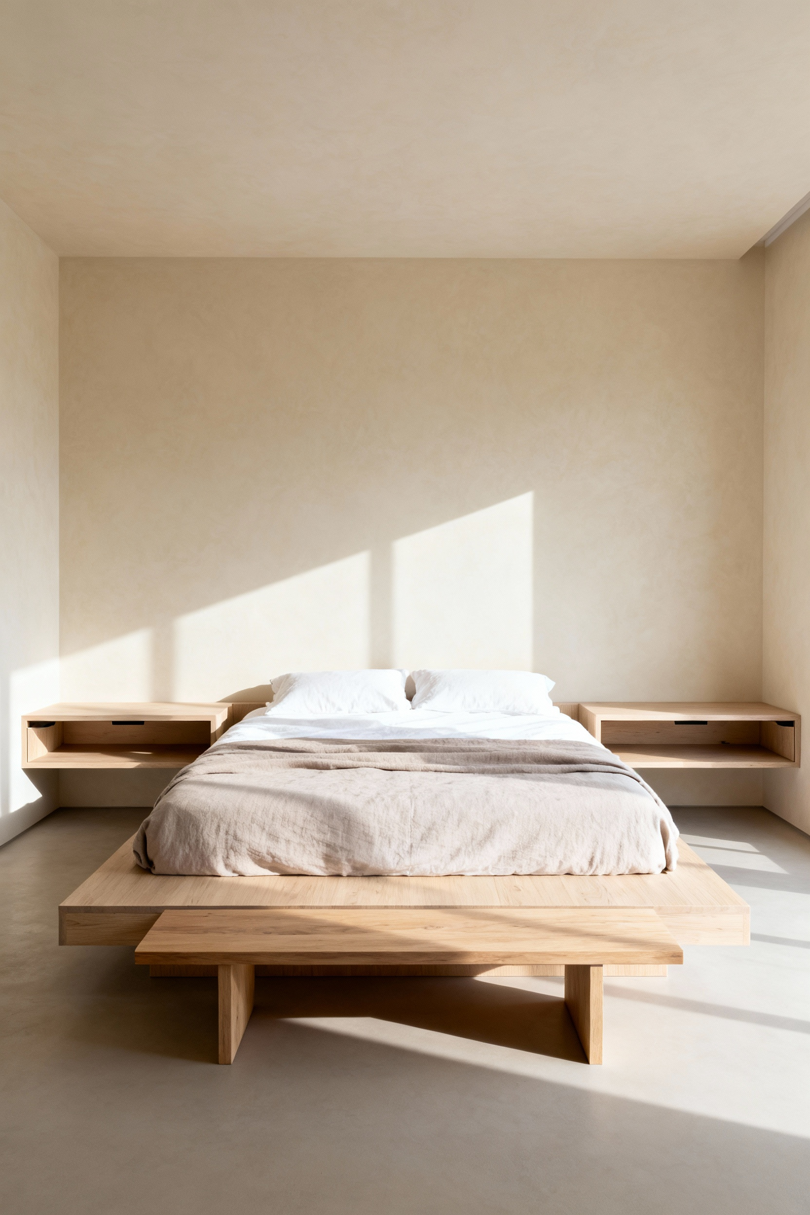 Wide architectural photograph showing a minimalist bedroom layout featuring a low-profile platform bed, hidden storage benches, and floating nightstands designed to eliminate visual clutter and foster a calming, restorative atmosphere.