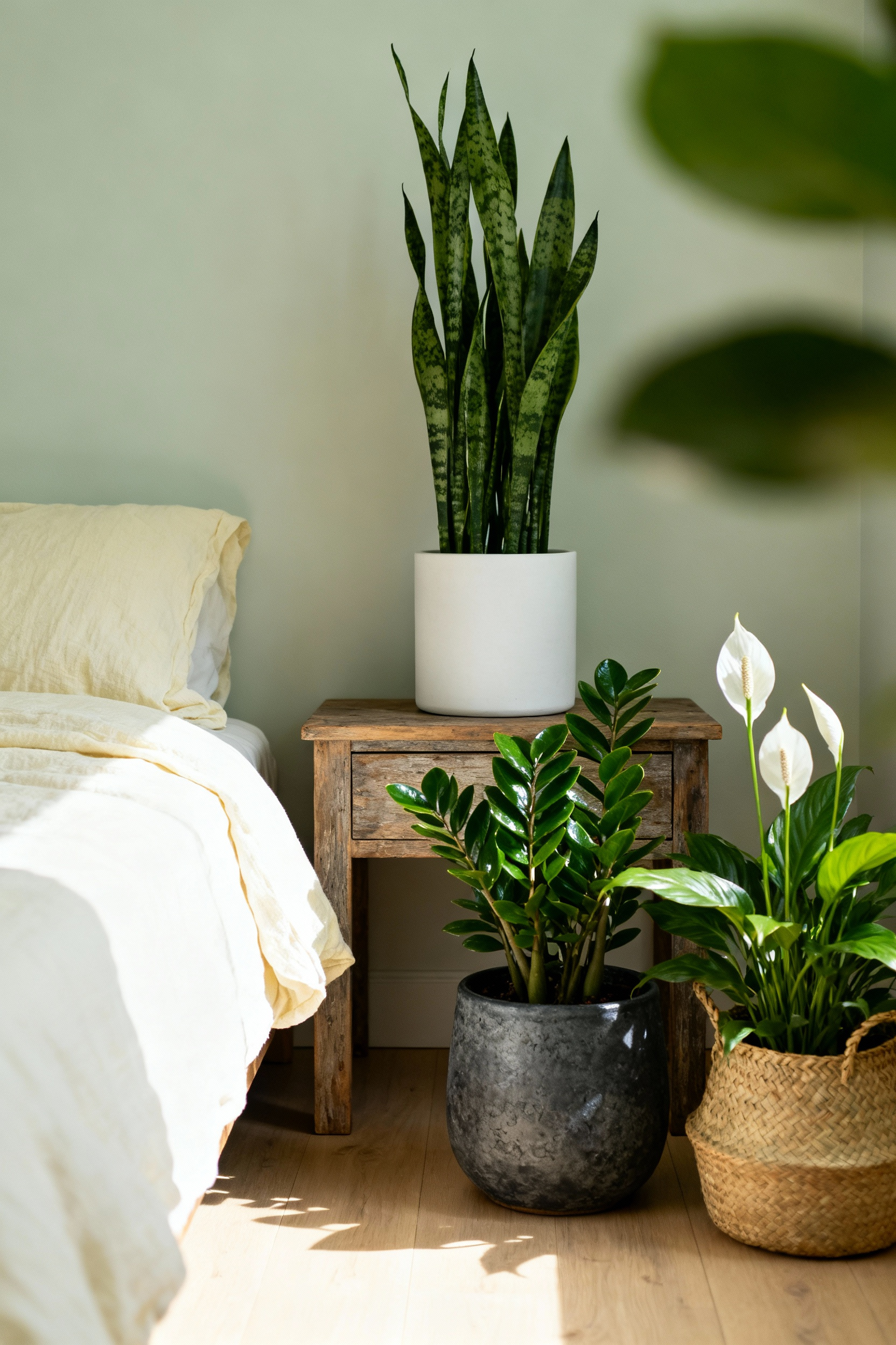 A photograph of a calming bedroom interior showcasing a nightstand and floor area designated as an "Oxygenated Corner," featuring low-light air-purifying plants including a Snake Plant, ZZ Plant, and Peace Lily.
