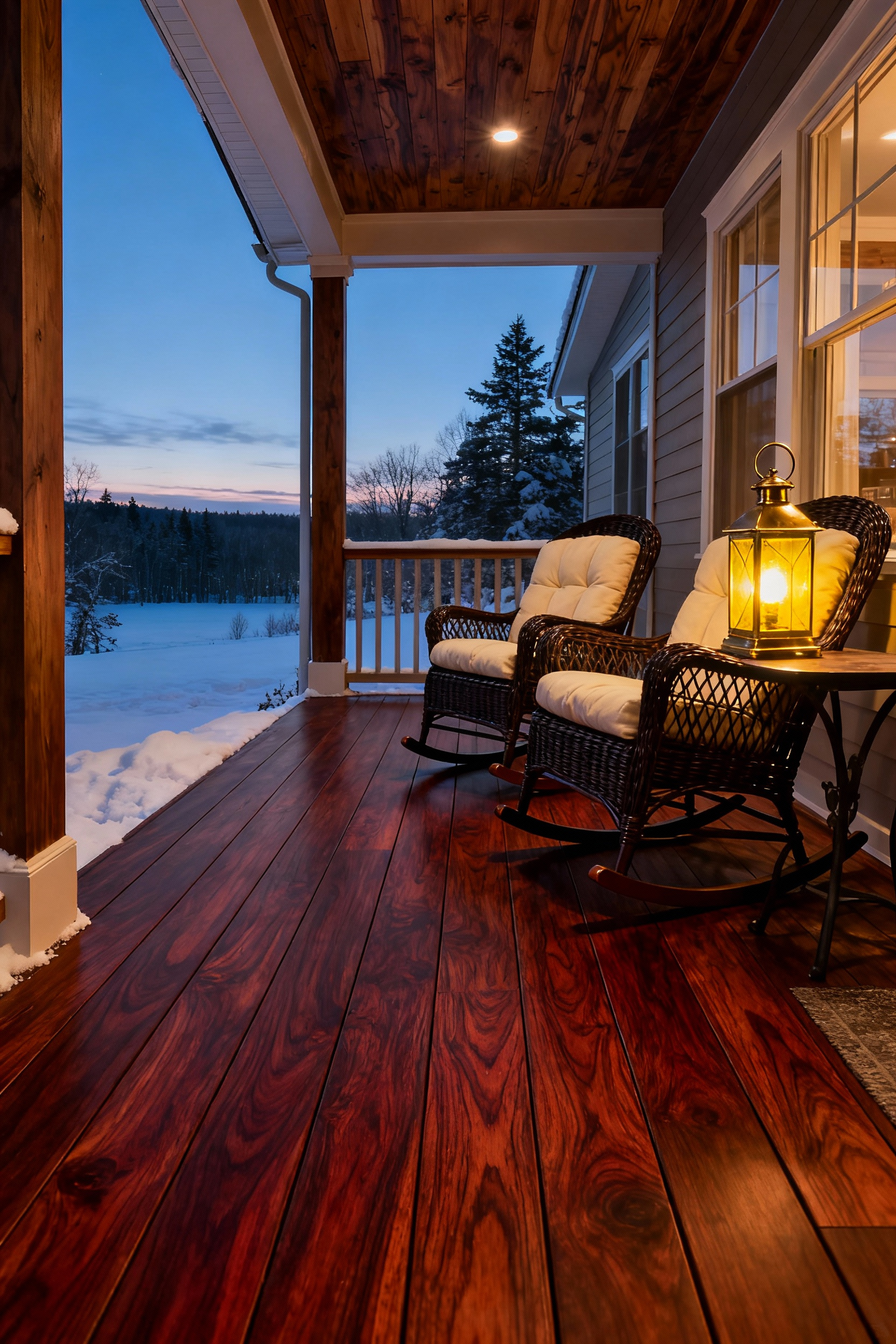Covered porch floor meticulously painted in a rich dark faux-wood grain Mahogany tone, contrasted against a snowy winter background, featuring comfortable furniture and warm lighting.