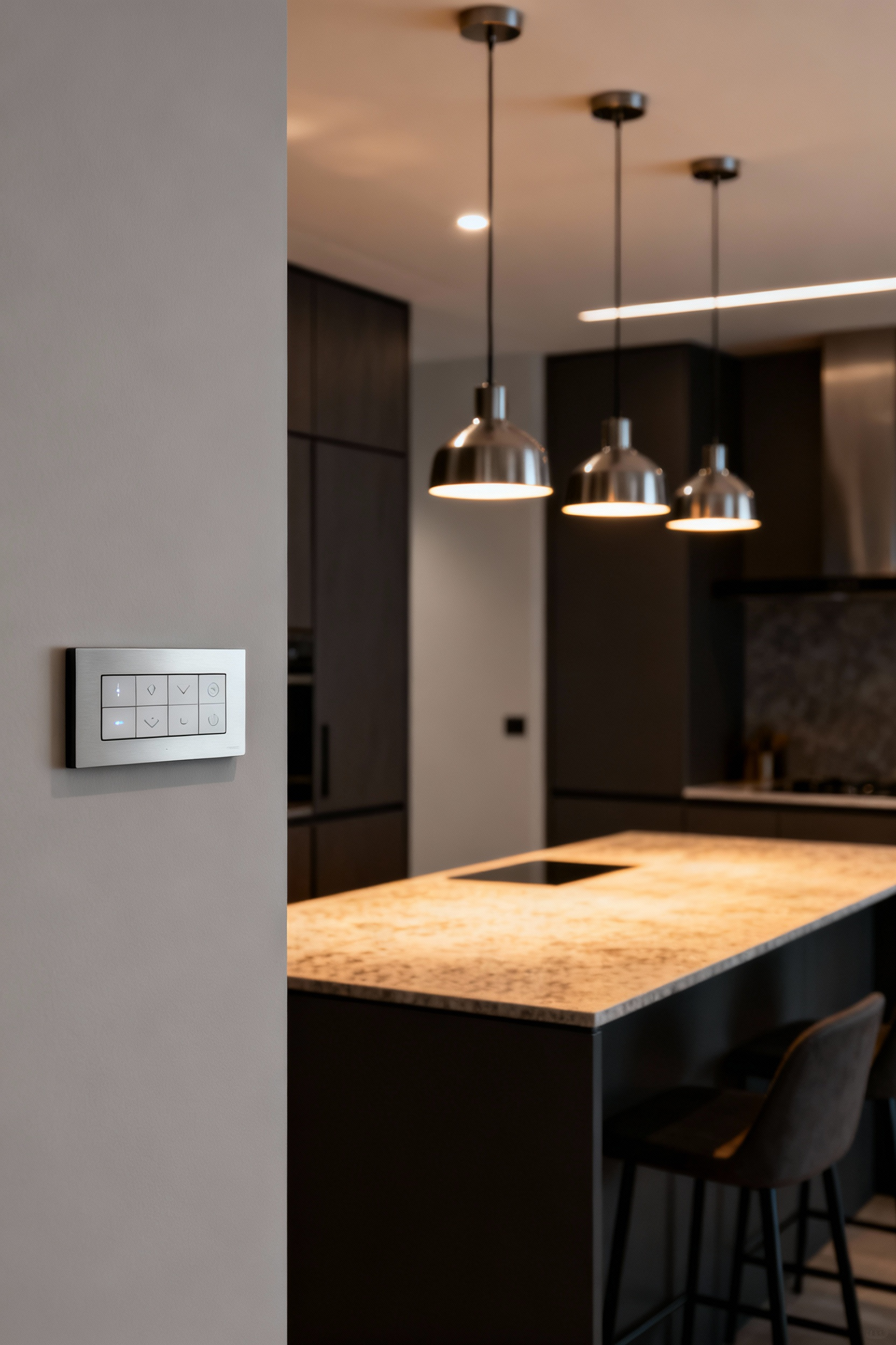 Modern kitchen island with integrated smart lighting control panel, highlighting ergonomic design and intuitive access for effortless operation.