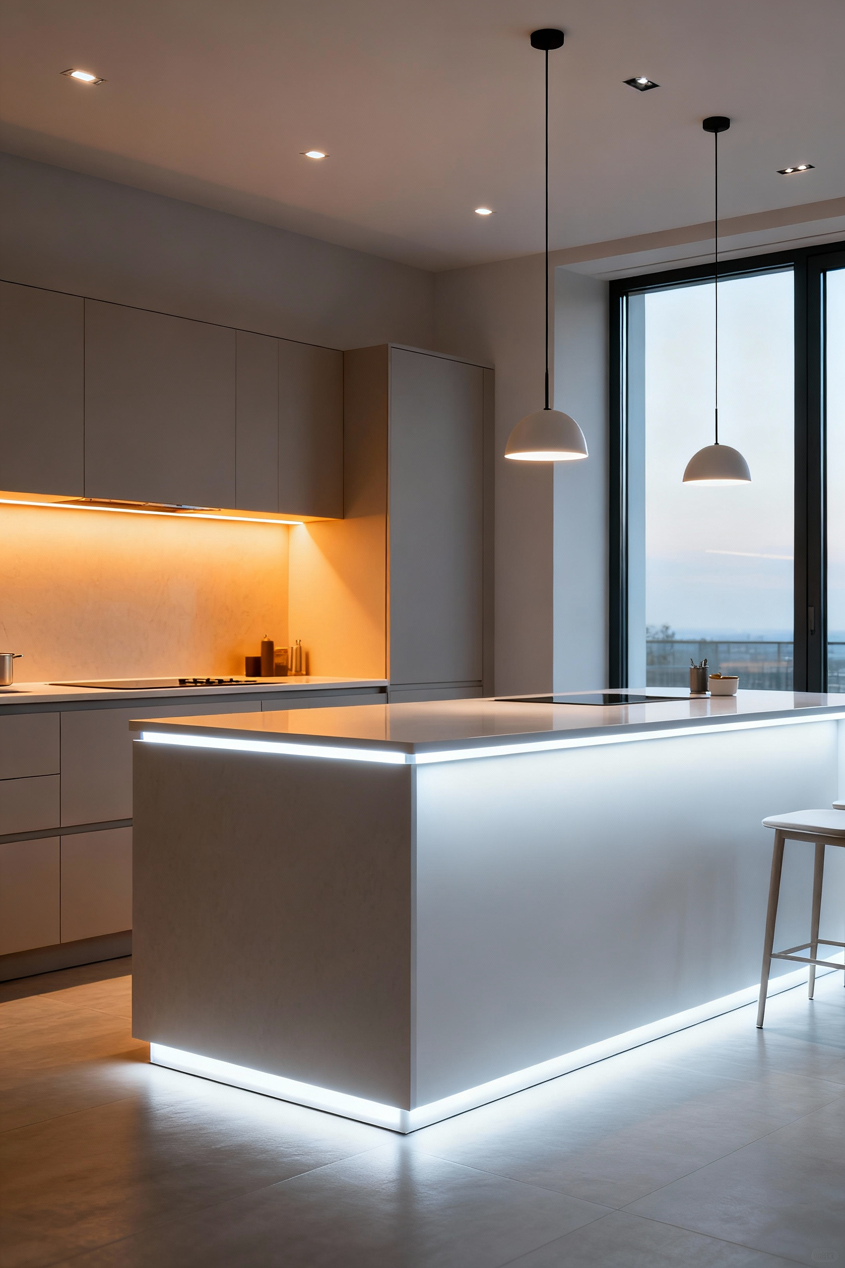 Modern kitchen island with dynamic tunable white lighting, showing a split of warm and cool CCTs, optimized for wellness and adaptable mood settings.