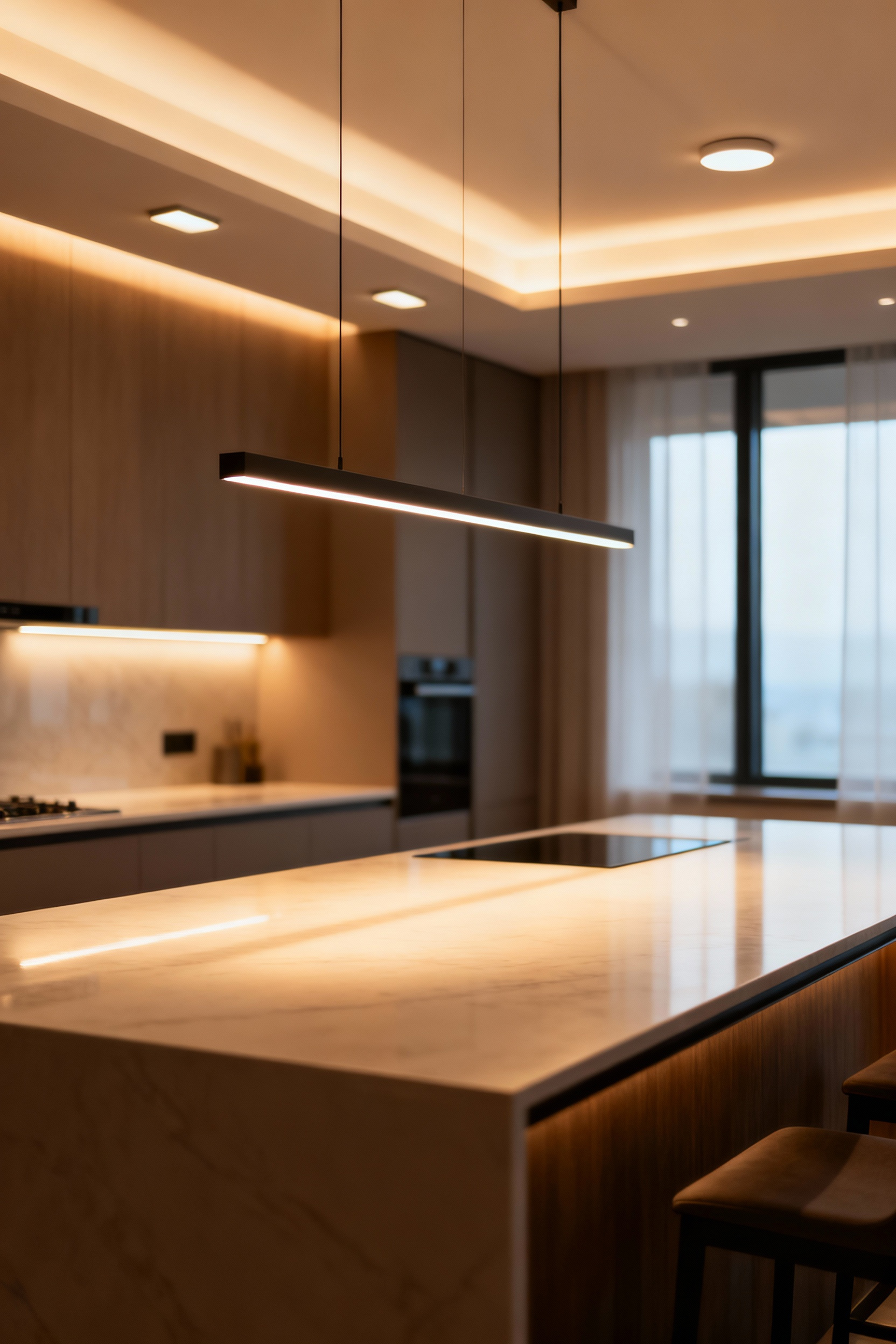 A stylish kitchen island featuring a combination of linear suspension and semi-flush luminaires providing glare-free, task-specific lighting, designed for optimal visual comfort and aesthetic cohesion in a modern home.