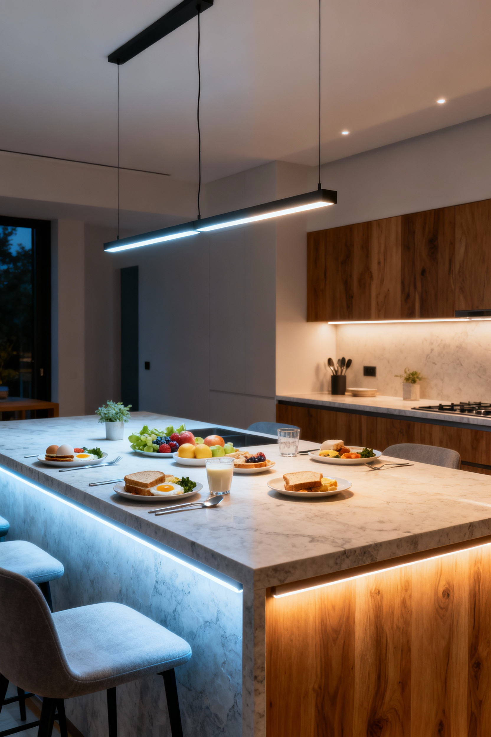 Modern kitchen island with dynamic tunable white circadian lighting transitioning from bright cool to warm soft light, featuring pendant lights and under-counter LEDs over natural stone and wood surfaces.