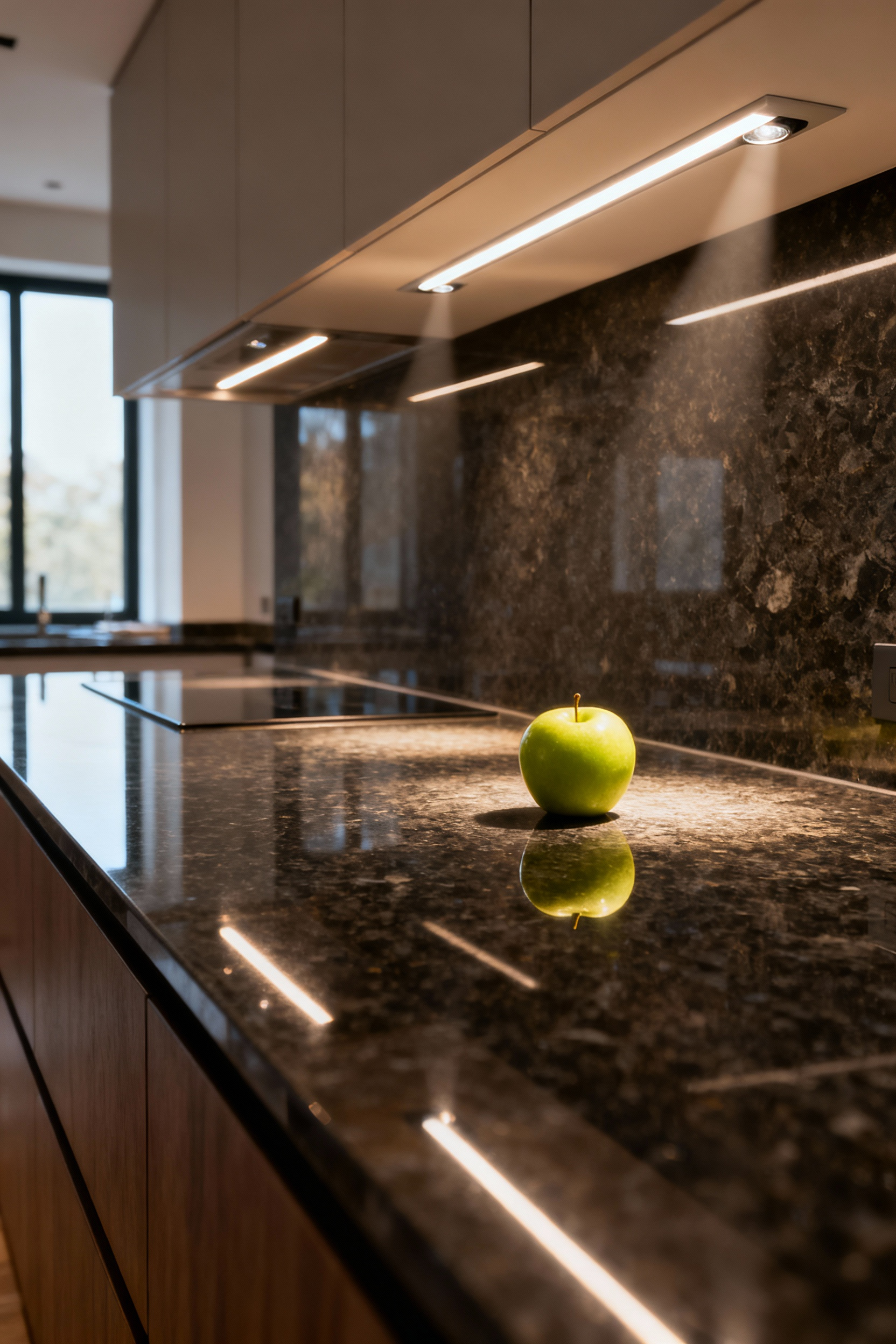 Modern kitchen island with precision optical engineering, showing controlled light beams and no glare on a dark granite countertop.