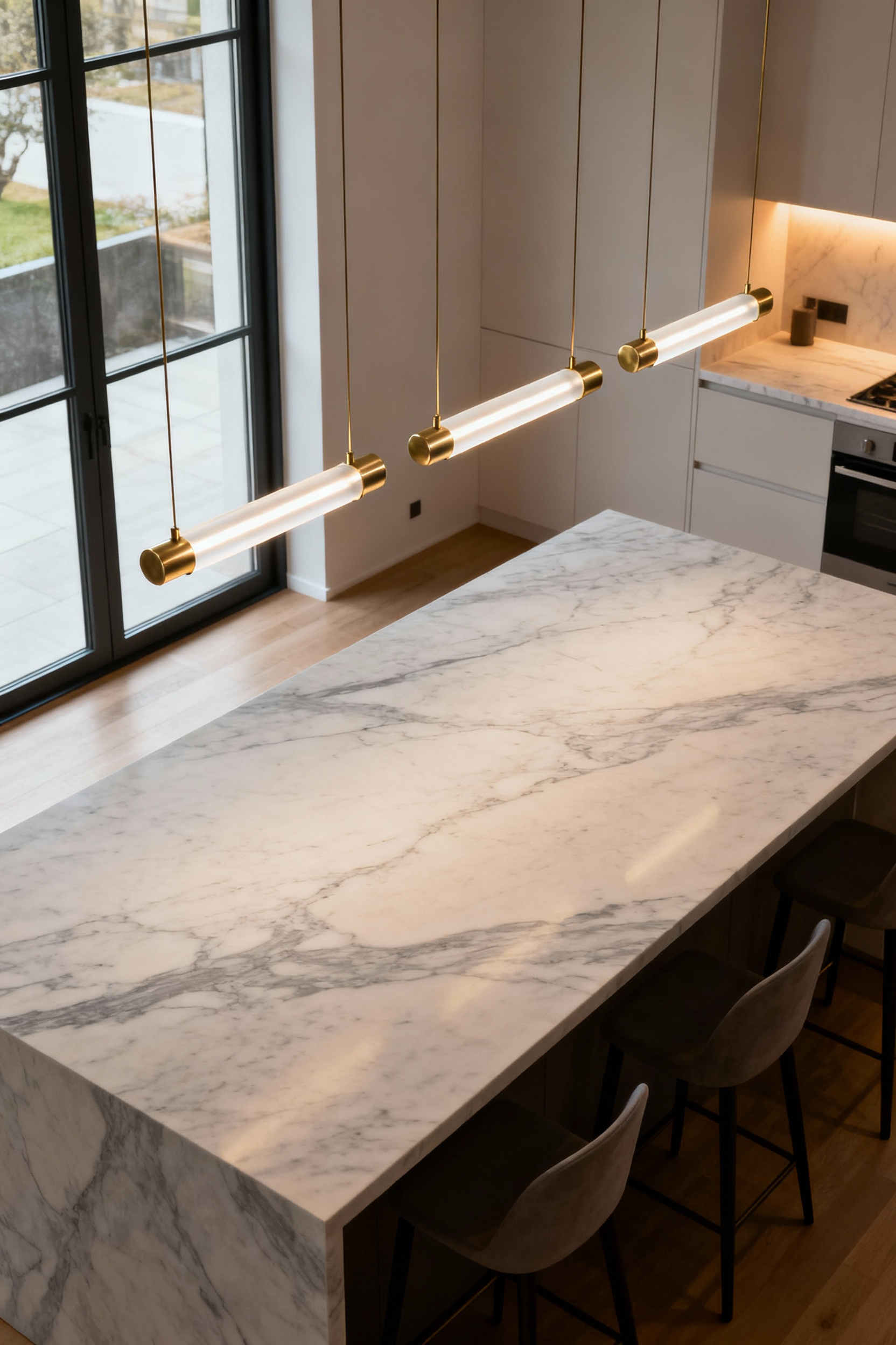 A minimalist kitchen island with three perfectly scaled linear LED pendants, showcasing proportional luminaire size for optimal kitchen island lighting.