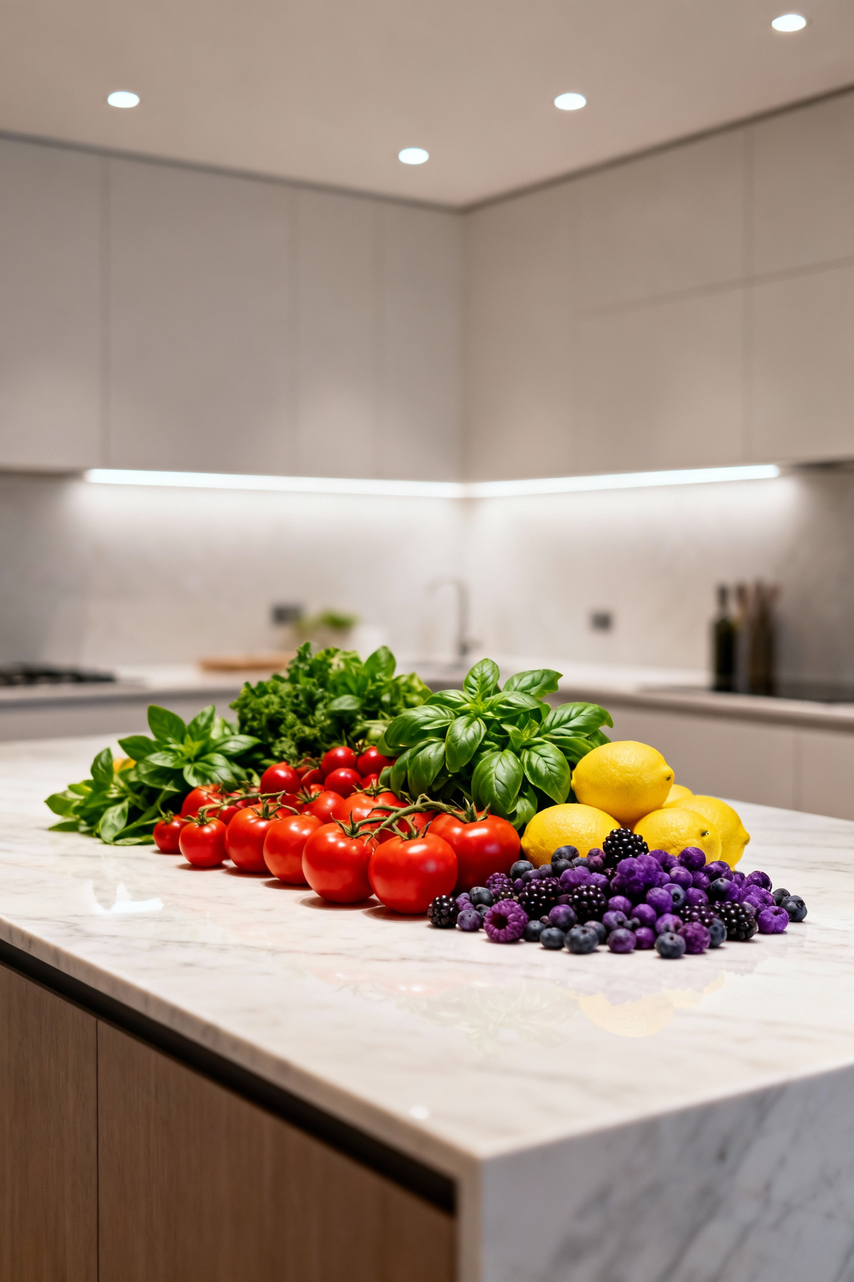Modern kitchen island with high CRI lighting, vividly showcasing fresh produce like tomatoes, lemons, and berries on a white marble countertop with authentic, vibrant colors.
