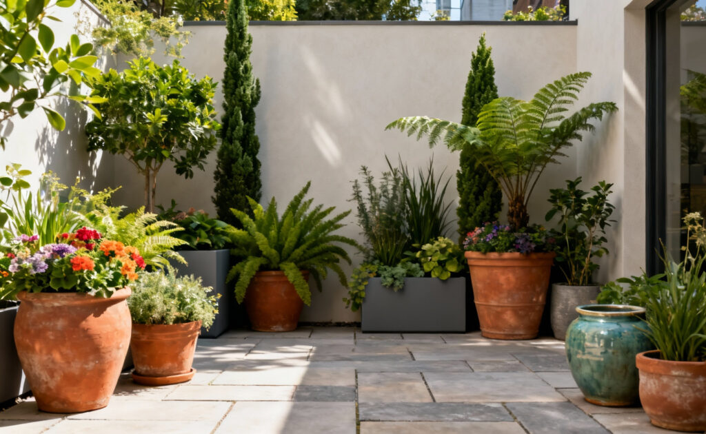 A beautifully arranged collection of potted greenery on an outdoor patio, showing various sizes, types, and colors of plants in diverse containers, enhancing a modern backyard setting.