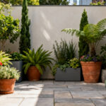 A beautifully arranged collection of potted greenery on an outdoor patio, showing various sizes, types, and colors of plants in diverse containers, enhancing a modern backyard setting.