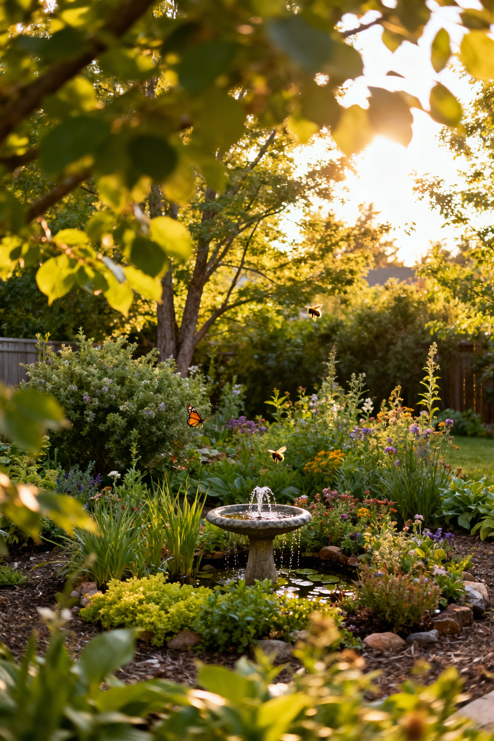 Vibrant backyard wildlife habitat featuring native plants, blooming flowers, bird bath, and diverse foliage under golden hour light, no people