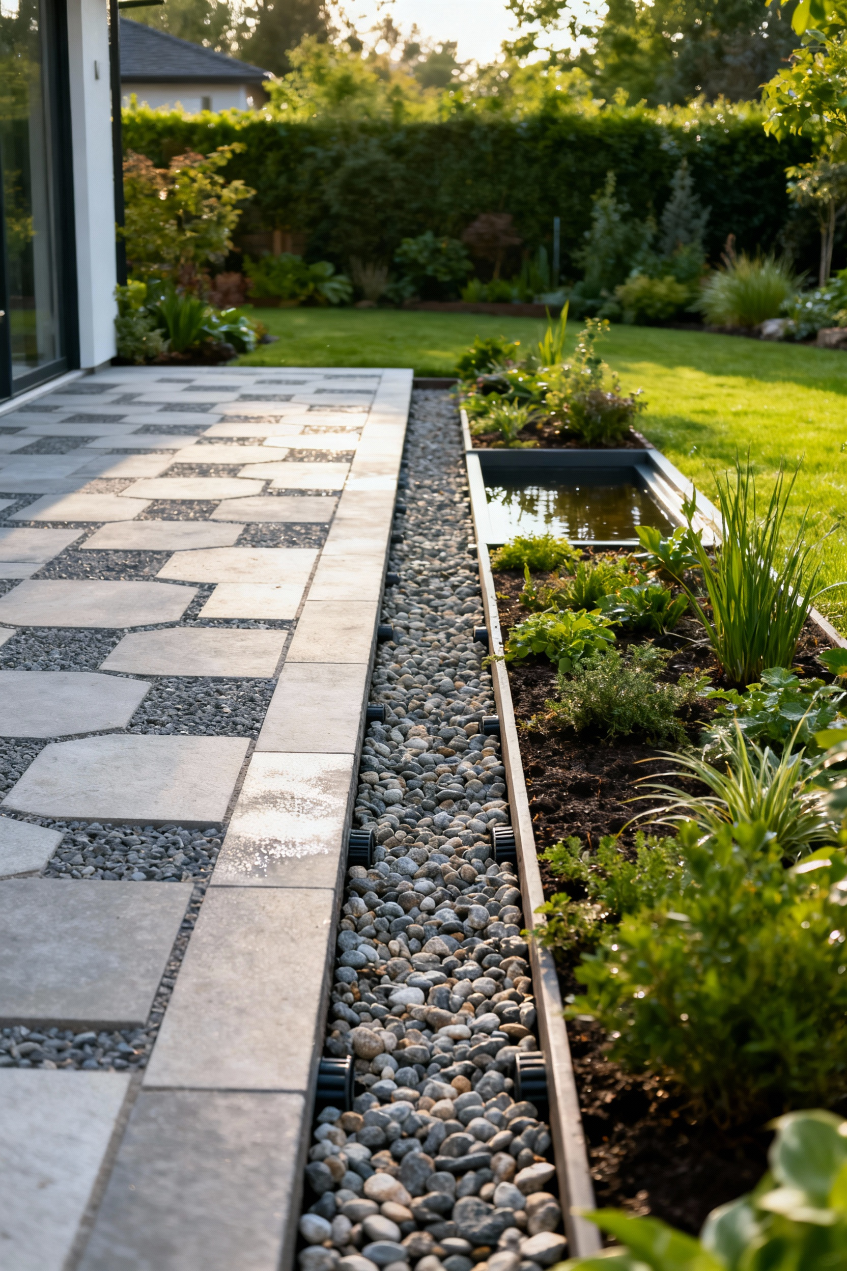 Beautiful backyard with advanced subsurface drainage system, lush greenery, and permeable paving designed to prevent erosion.