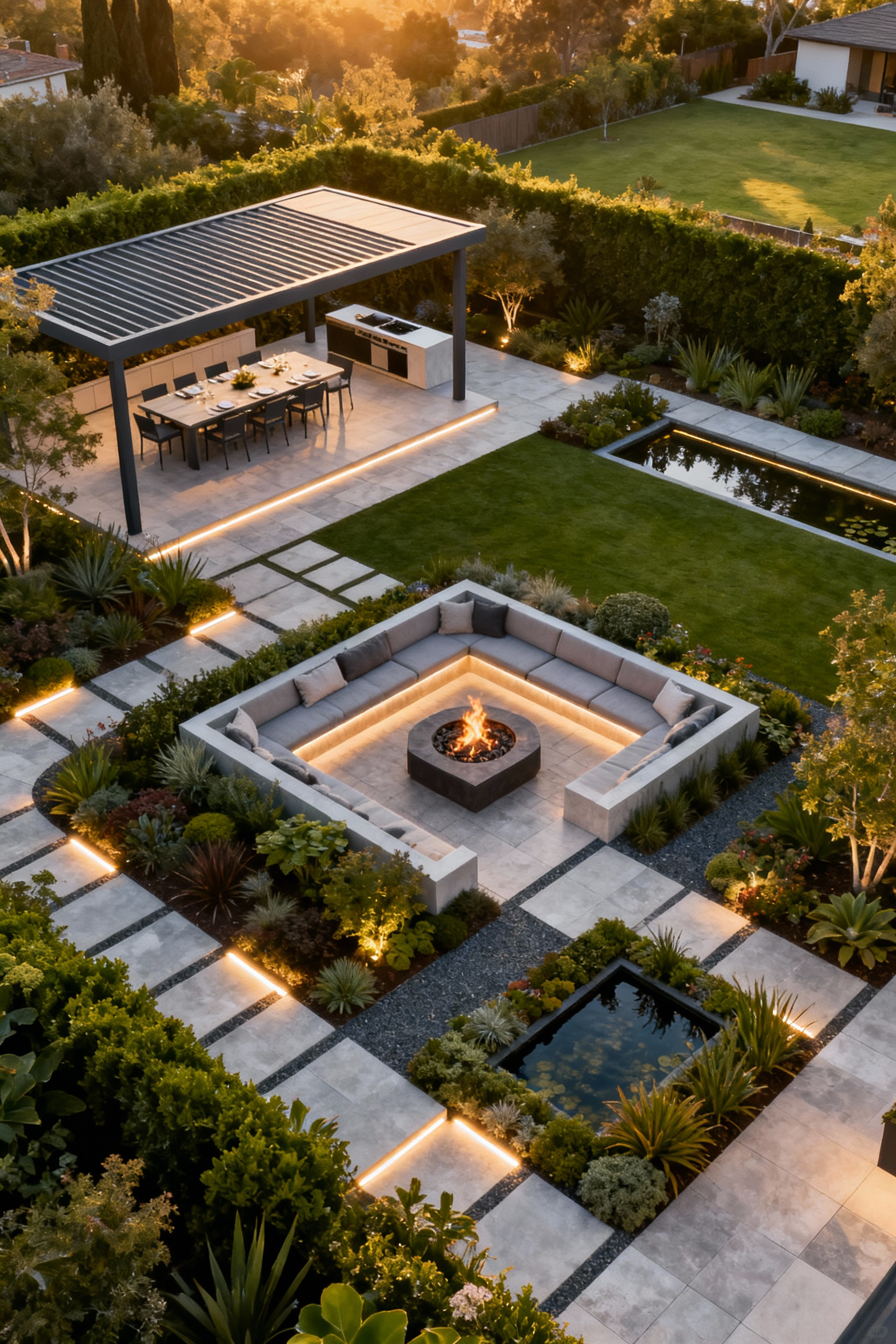 Aerial view of a contemporary multi-zonal backyard master plan with outdoor dining, lounge, and garden areas connected by stone pathways under warm evening light.