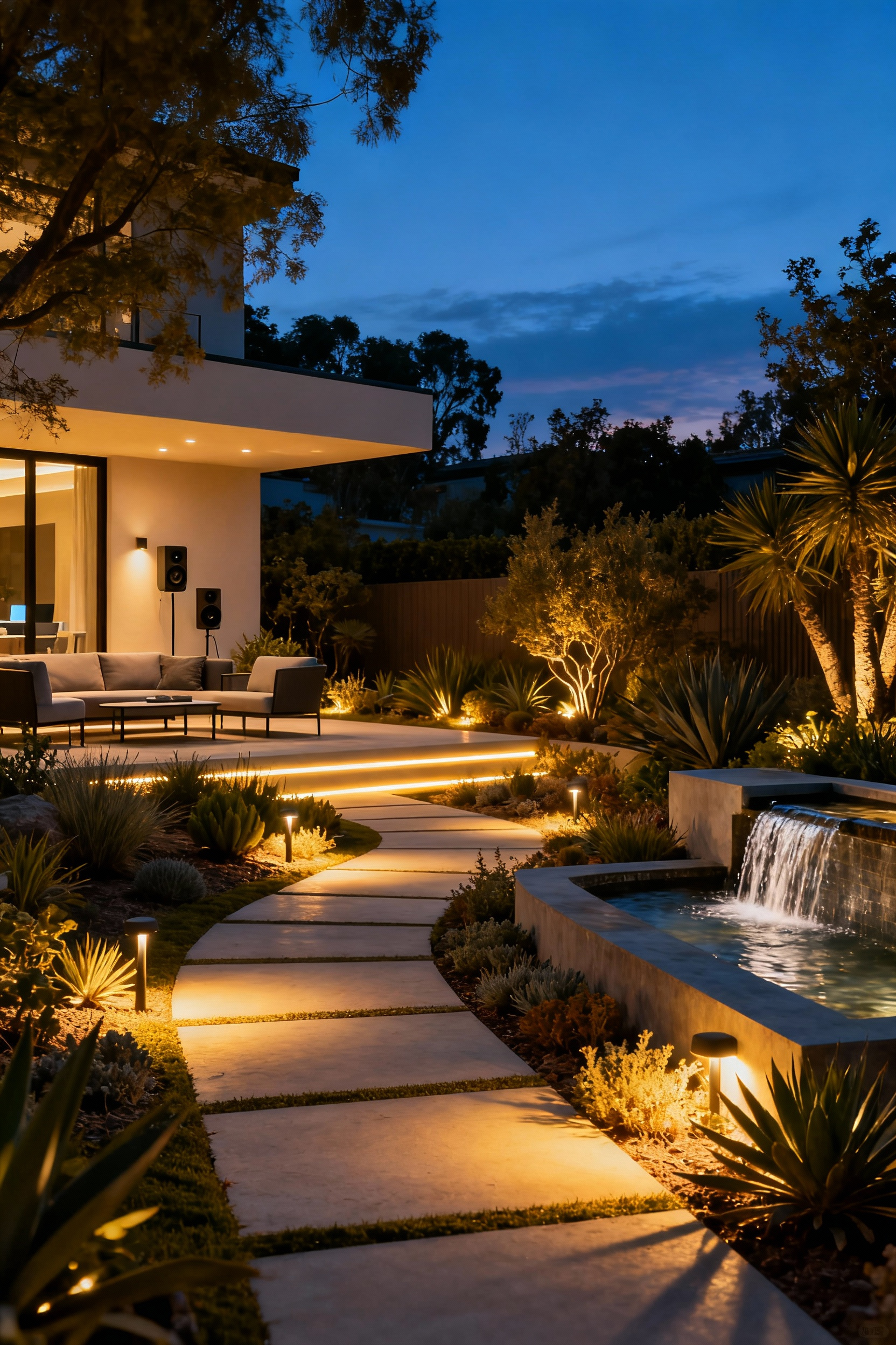 Luxurious backyard with integrated smart lighting, subtle irrigation, and an invisible outdoor audio system, showcasing advanced remote control for outdoor features.