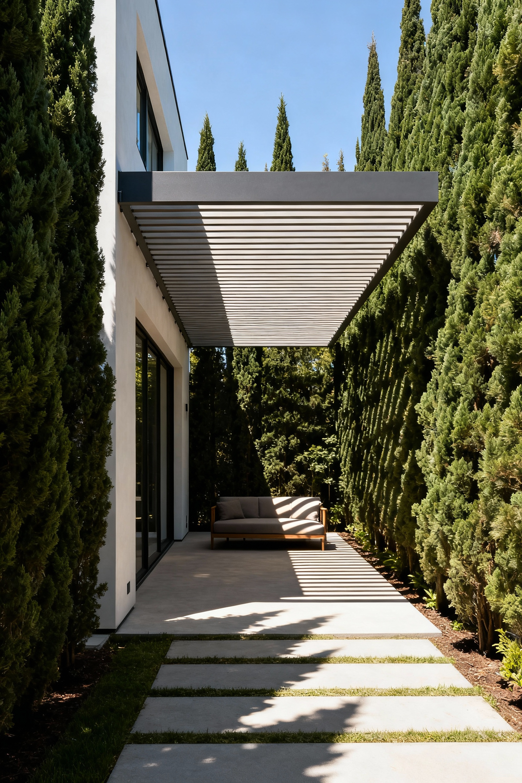 A modern backyard implementing passive solar design, featuring strategic evergreen trees providing shade and a louvered pergola over a patio.