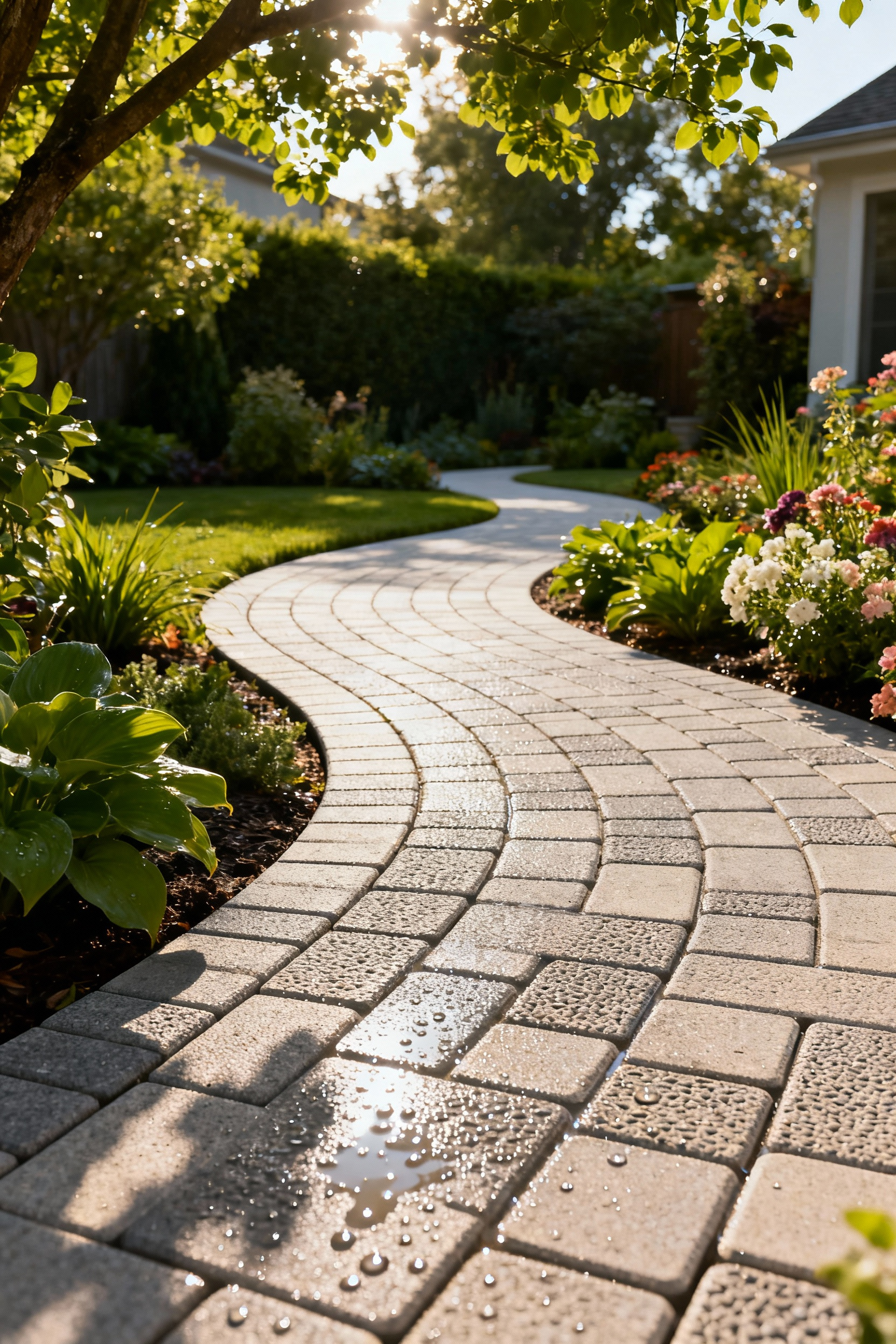 Elegant backyard pathway made from modern permeable interlocking pavers, with lush garden landscaping and subtle signs of water infiltration, viewed from a low angle.