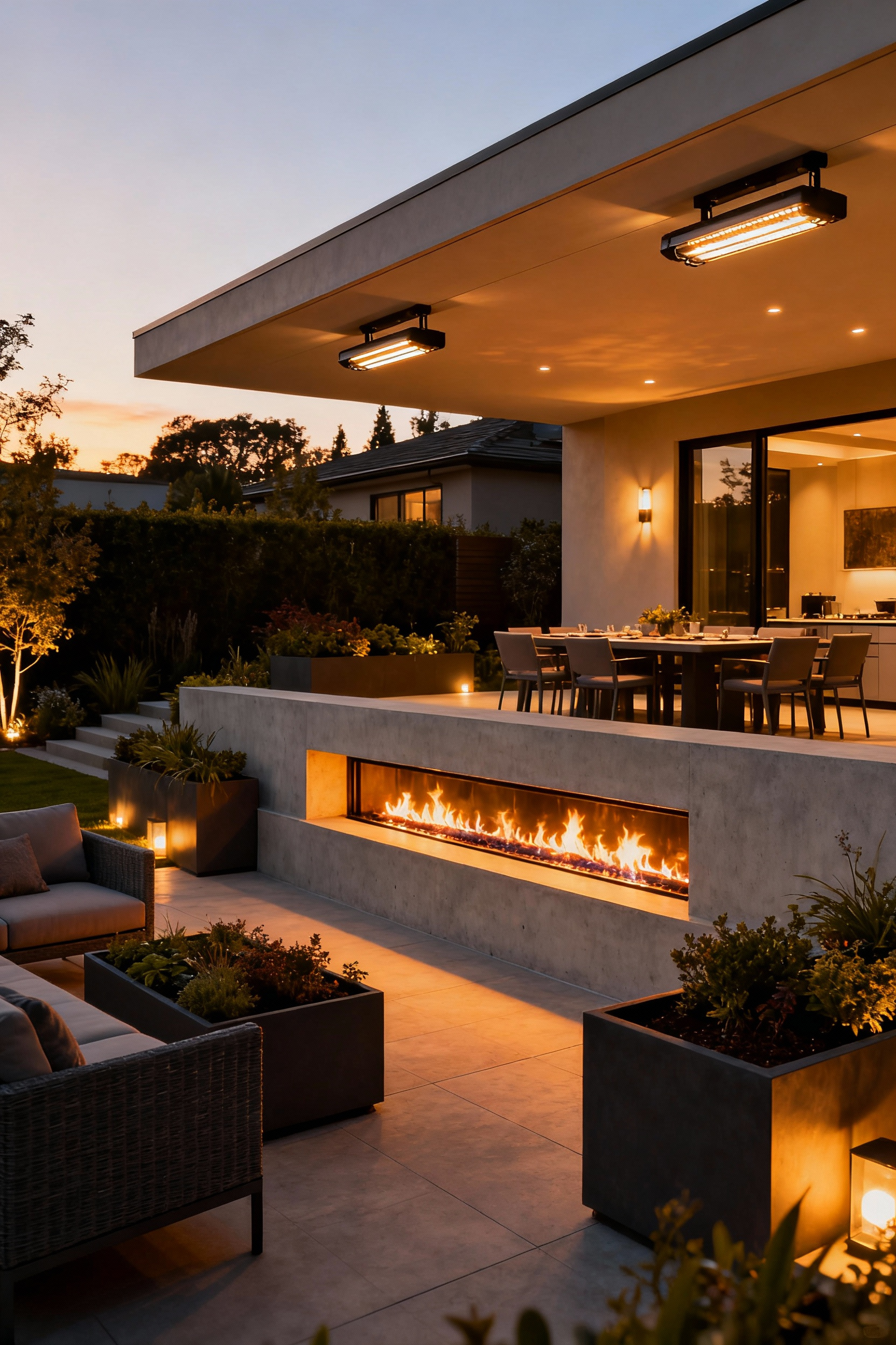 Luxury backyard patio with built-in linear gas fireplace and overhead radiant heaters, providing warmth and sophisticated ambiance for extended use.