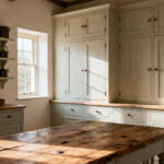 Authentic farmhouse kitchen cabinets with traditional joinery and antique ceramic and ironware on shelves, illustrating the functional origins of farmhouse design.