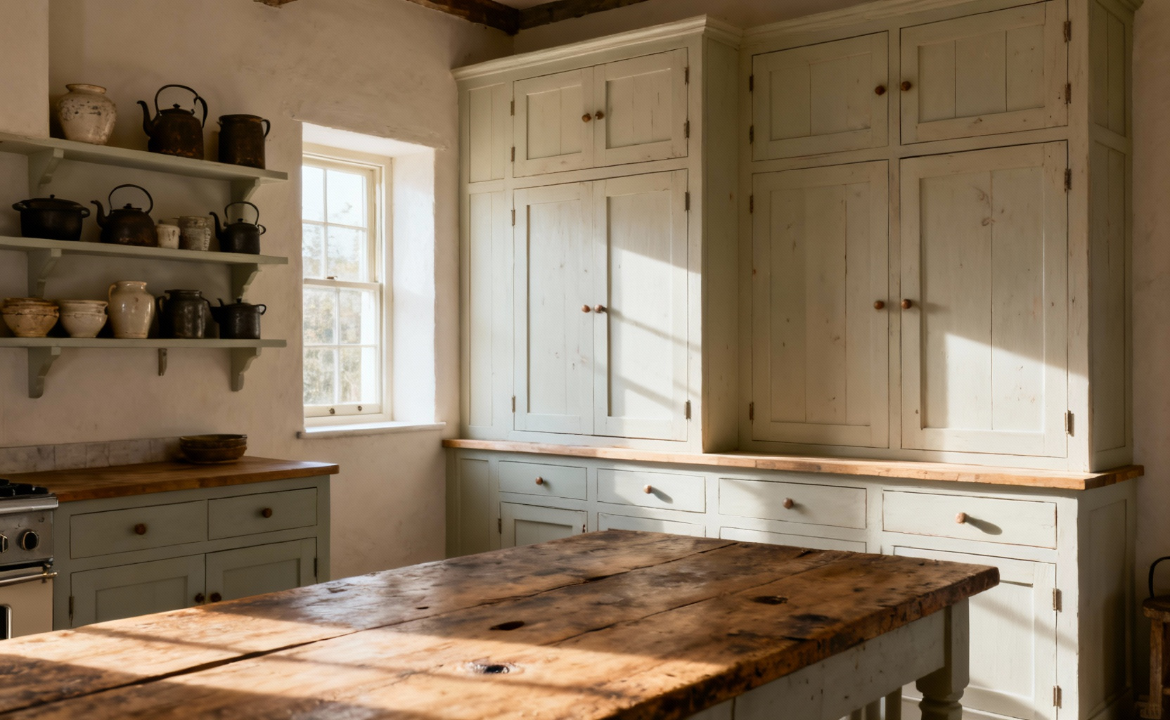 Authentic farmhouse kitchen cabinets with traditional joinery and antique ceramic and ironware on shelves, illustrating the functional origins of farmhouse design.