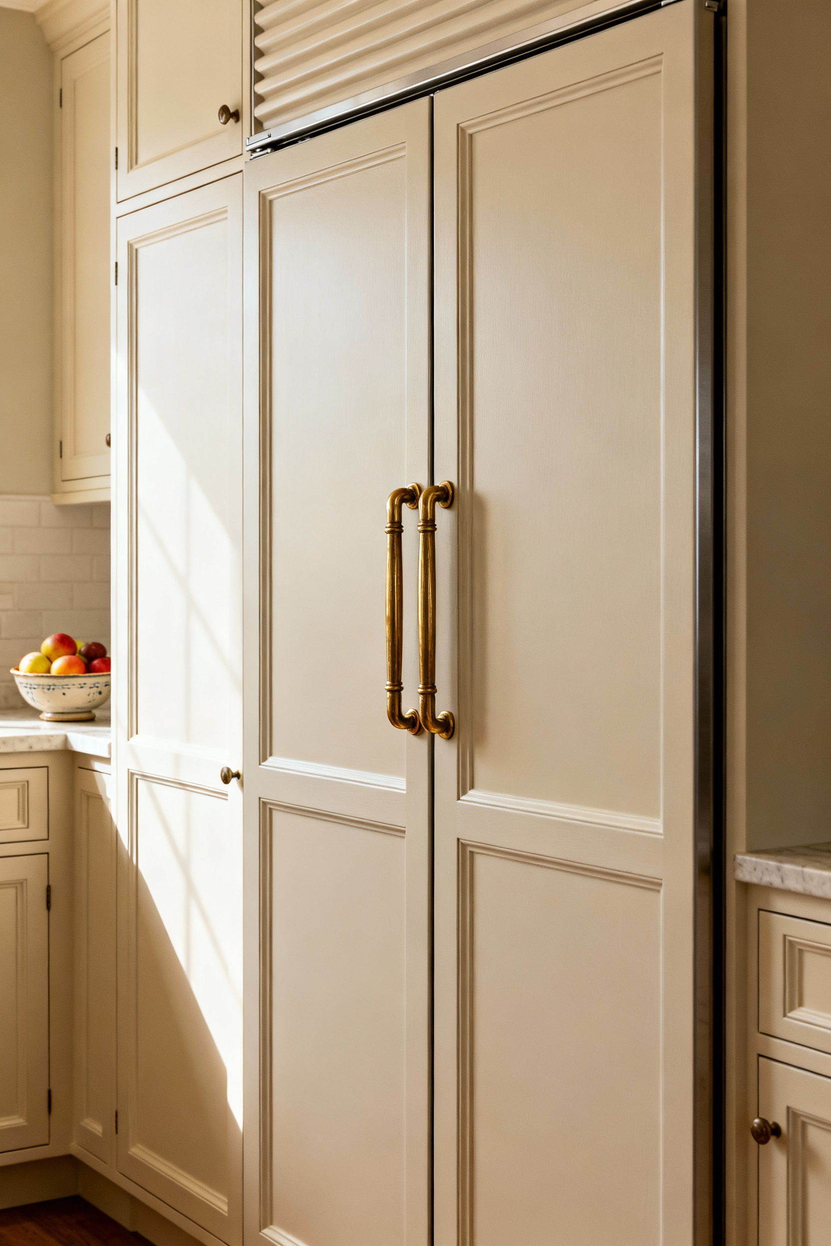 Portrait of a farmhouse kitchen with an integrated, panel-ready refrigerator hidden behind custom inset Shaker cabinetry, showcasing bespoke appliance integration.