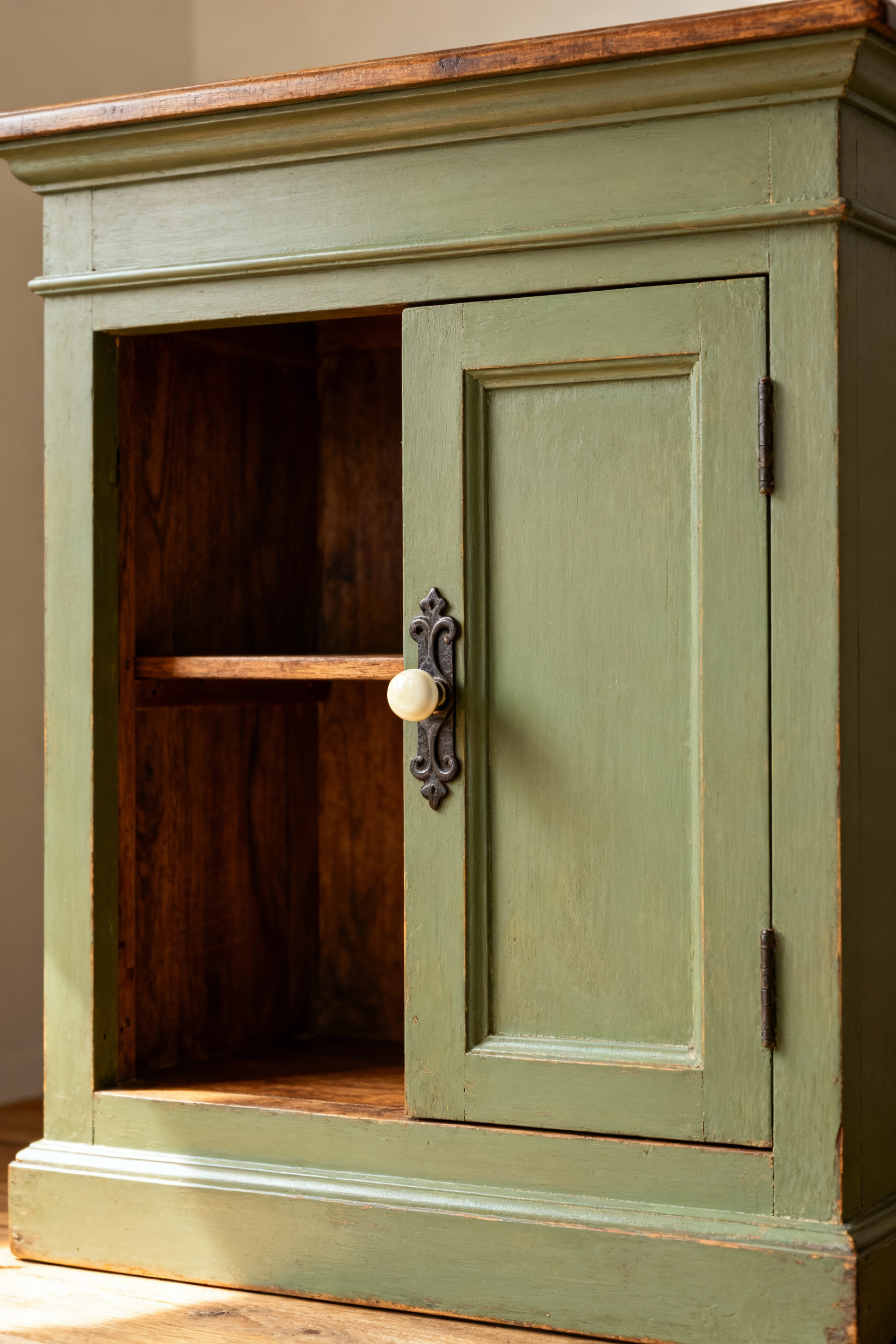 A beautiful portrait shot of custom-built farmhouse kitchen cabinetry, showcasing inset doors, forged iron hardware, and a durable sage-green finish, emphasizing lasting quality.