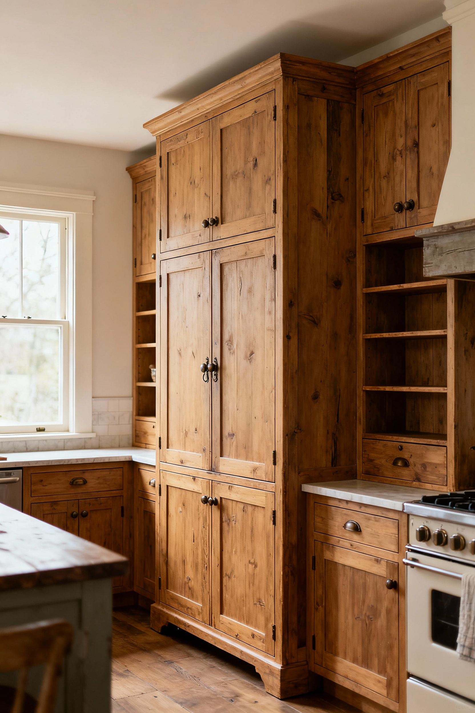 A rustic farmhouse kitchen featuring custom cabinetry with varied depths and heights, demonstrating perfect scale and proportion for visual harmony. Soft natural light highlights the traditional details of the cabinets and a furniture-like pantry hutch. No people are present, ensuring focus on the architectural details of the kitchen design.