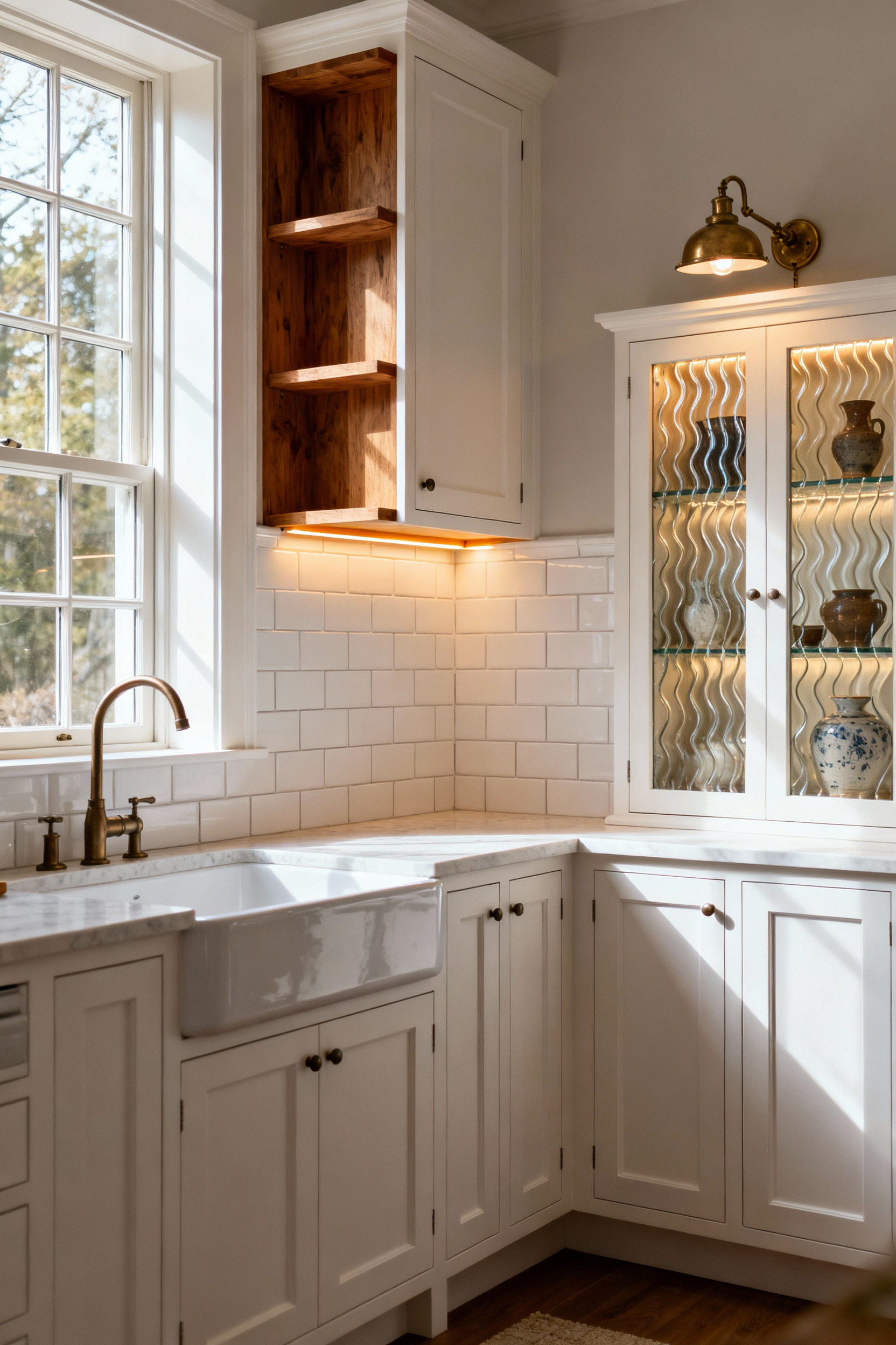 Farmhouse kitchen with white Shaker-style cabinets, natural light from a window, and an aged brass picture light illuminating interior details, showcasing layered lighting design.