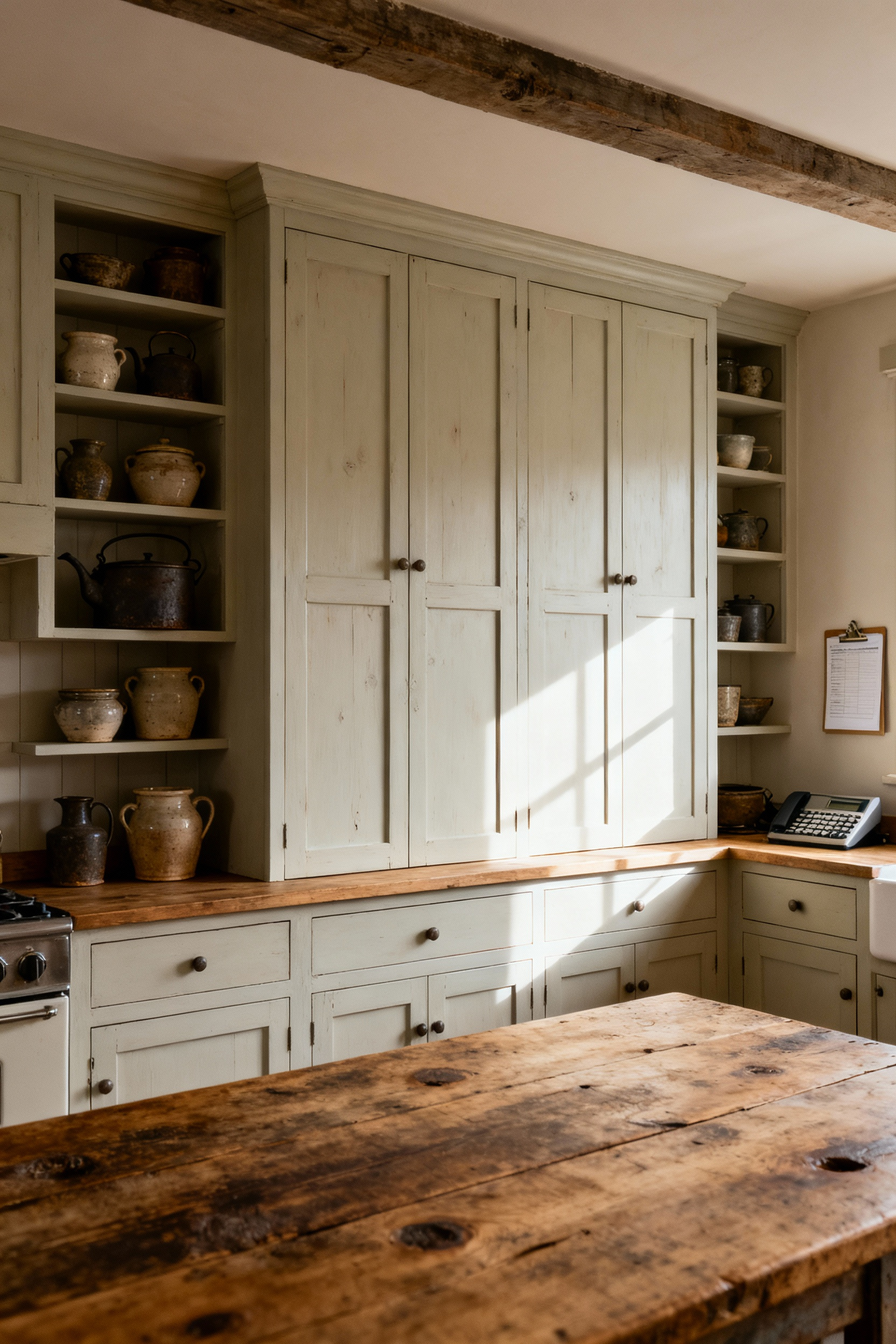 Authentic farmhouse kitchen cabinets with traditional joinery and antique ceramic and ironware on shelves, illustrating the functional origins of farmhouse design.