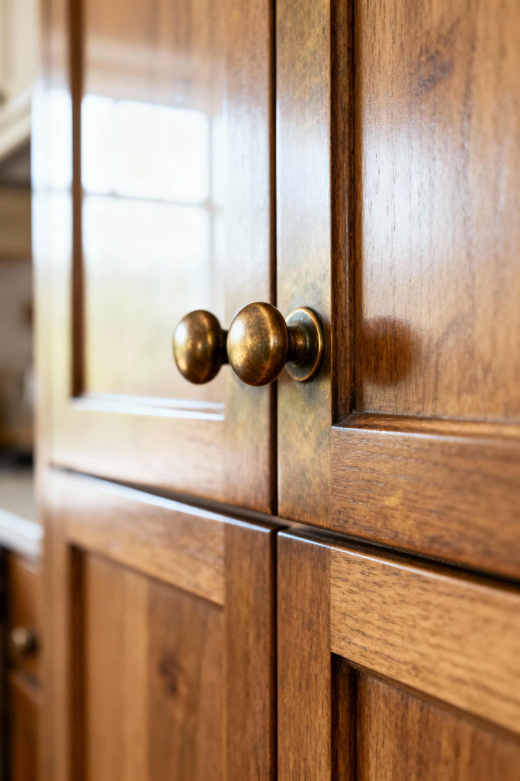 Close-up of unlacquered brass handle on a farmhouse kitchen cabinet showing beautiful, aged patina, symbolizing enduring use and authenticity.