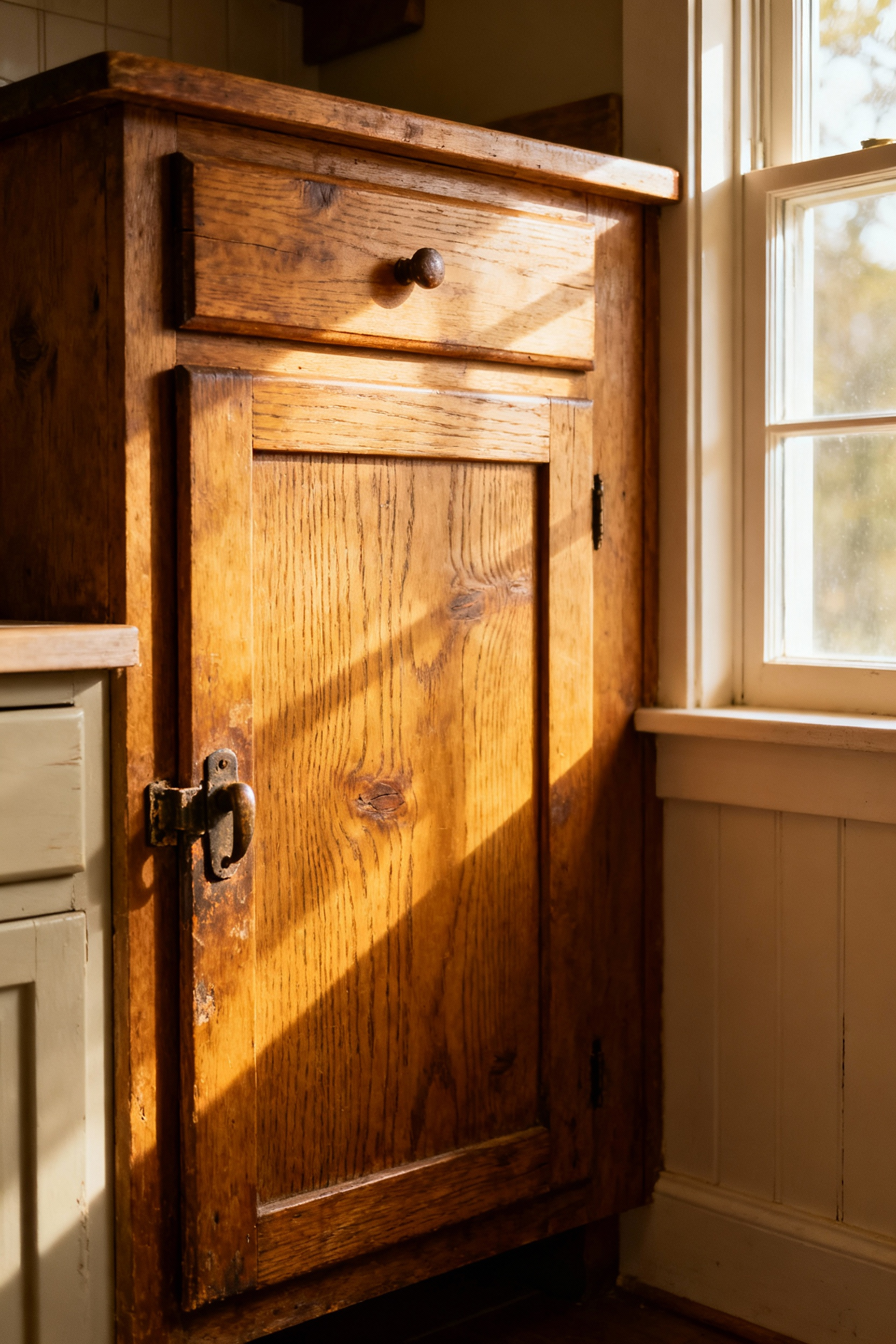 Close-up of an authentic farmhouse kitchen cabinet door in quartersawn oak, showing natural organic wear, a developed rich patina, and softened edges, without artificial distressing.