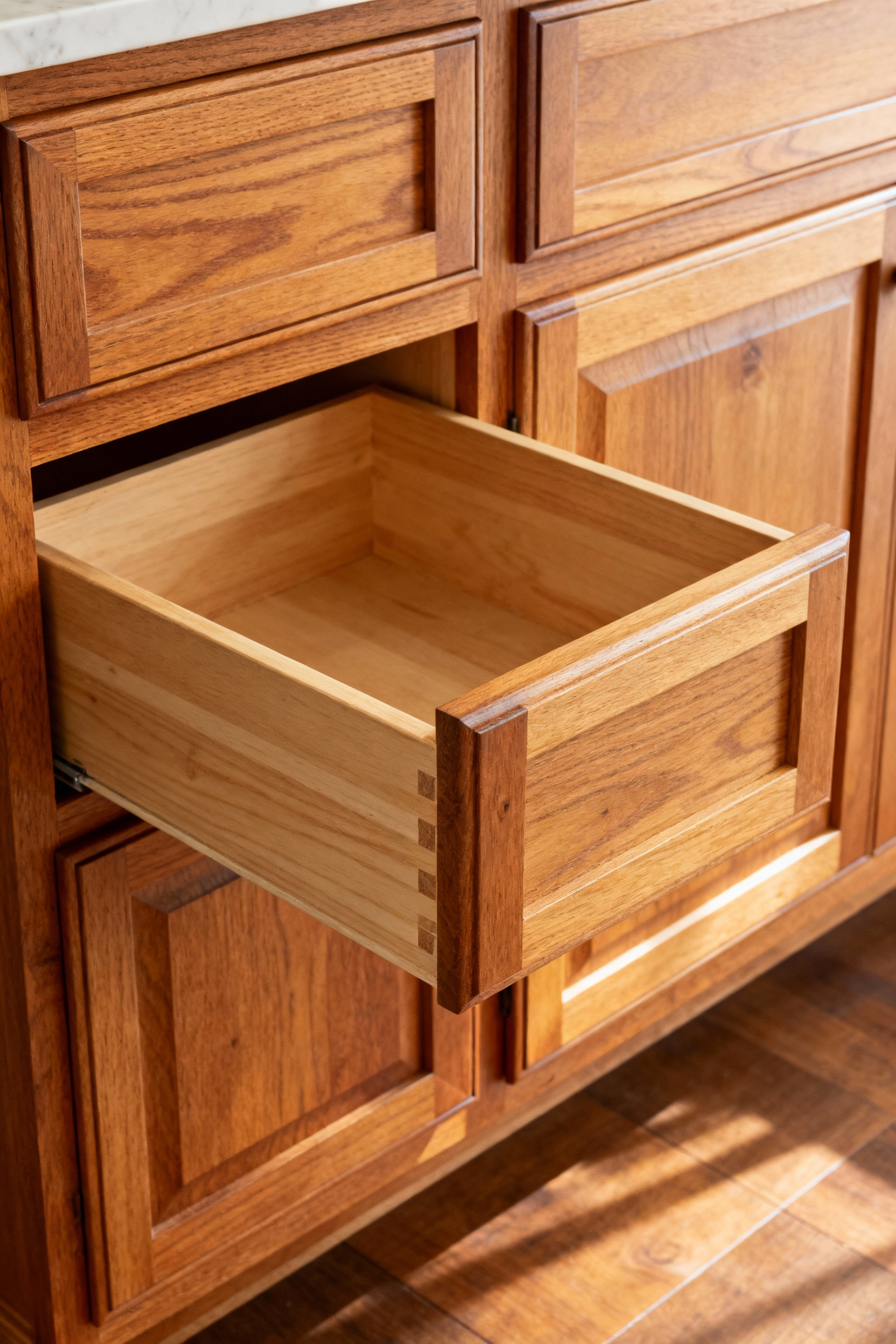 Detail of an authentic farmhouse kitchen cabinet drawer, showcasing traditional dovetailed joinery and rich cherry wood for an enduring design.