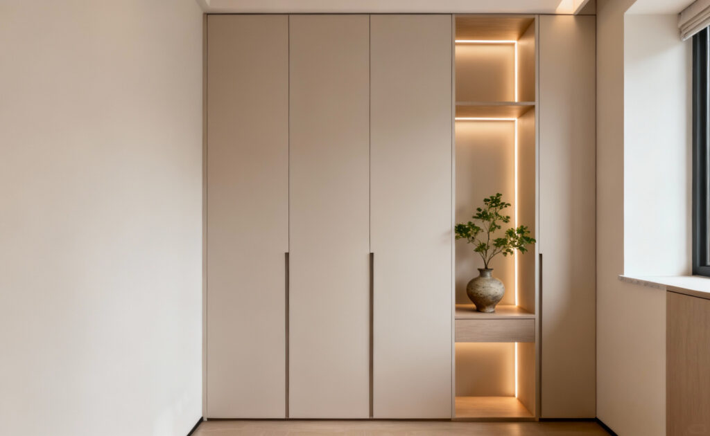 Modern floor-to-ceiling smart storage tower in a small, organized bedroom with integrated lighting and minimalist decor.