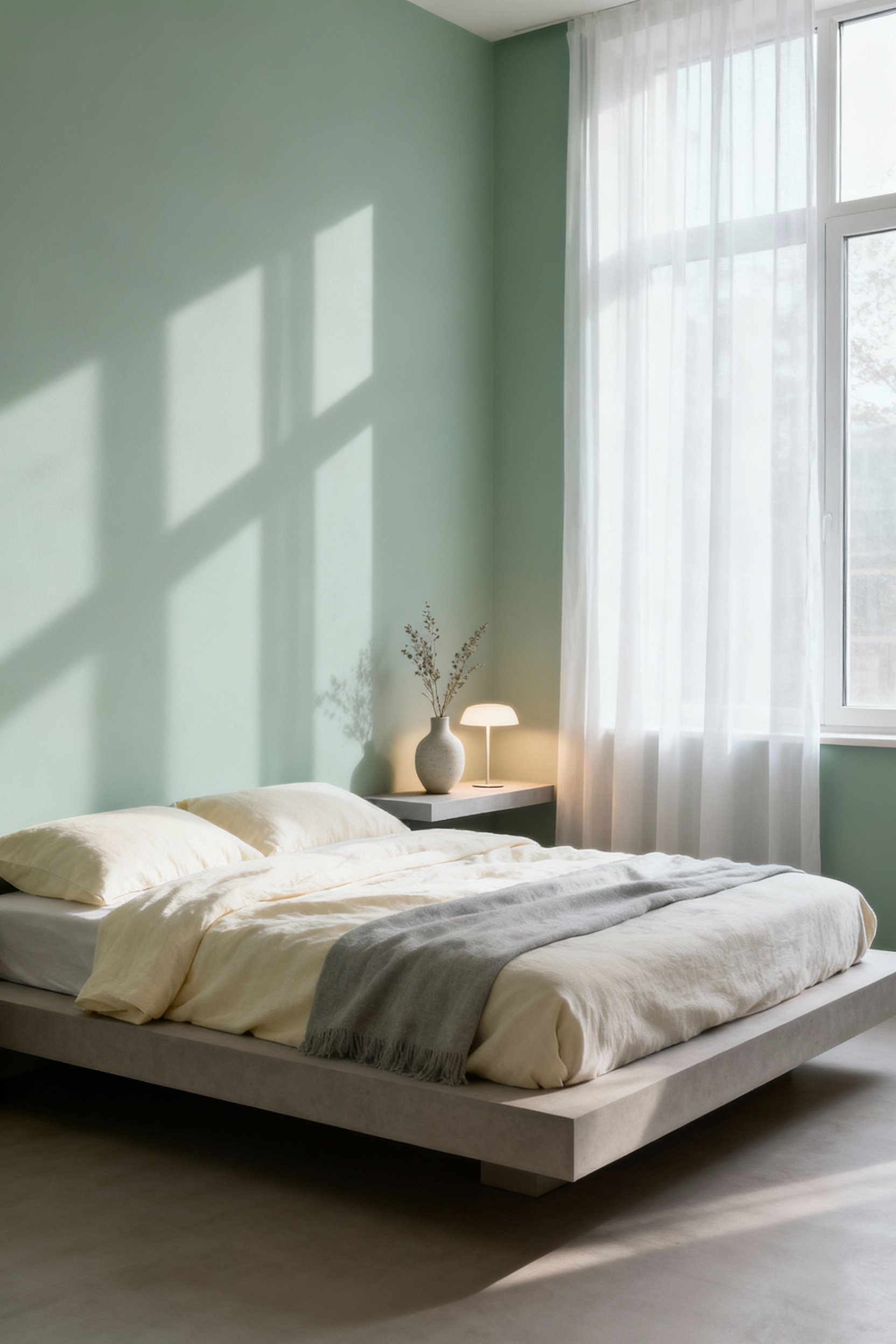 A beautifully minimalist small bedroom with a low-profile bed, neutral bedding, a small potted plant on a simple bedside table, and abundant natural light from a sheer-curtained window, creating a serene and open atmosphere.