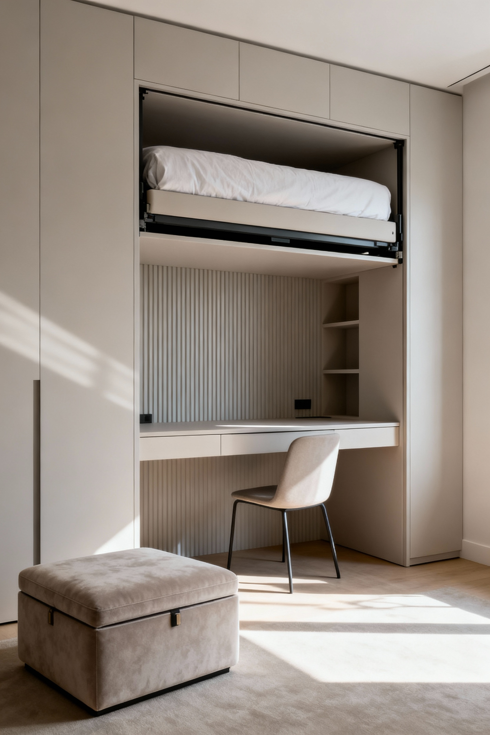 Small bedroom featuring a sleek, modern wall unit with a hidden Murphy bed and integrated desk, accompanied by a stylish storage ottoman, demonstrating multifunctional furniture for adaptable living.