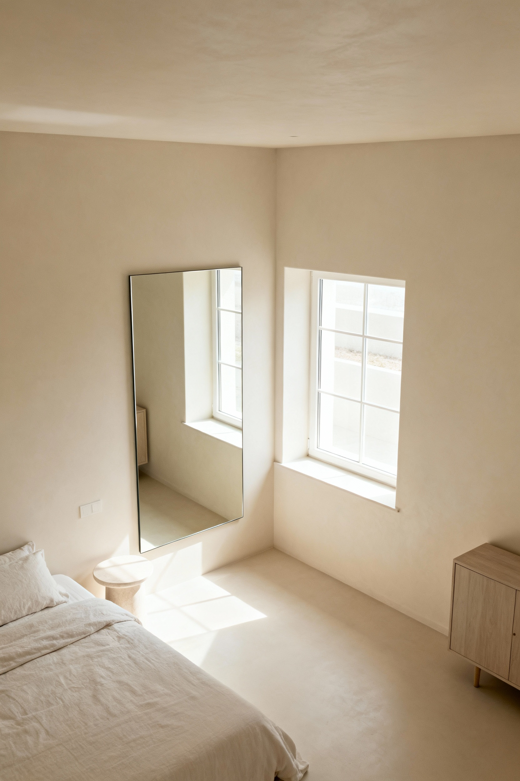A minimalist small bedroom featuring a large, frameless mirror positioned opposite a window, reflecting natural light and expanding the room's perceived depth. Light-colored decor enhances the serene atmosphere.