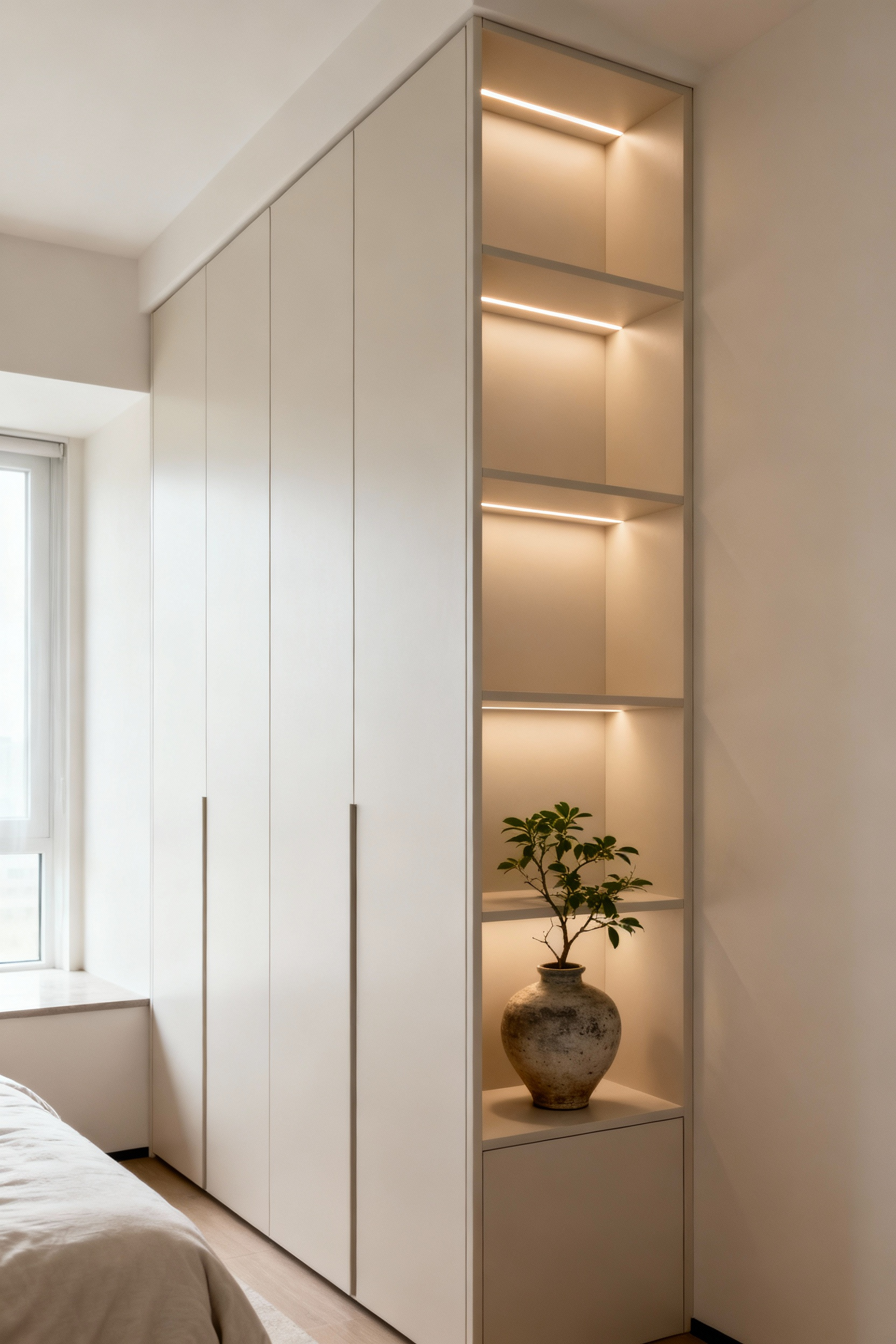 Modern floor-to-ceiling smart storage tower in a small, organized bedroom with integrated lighting and minimalist decor.