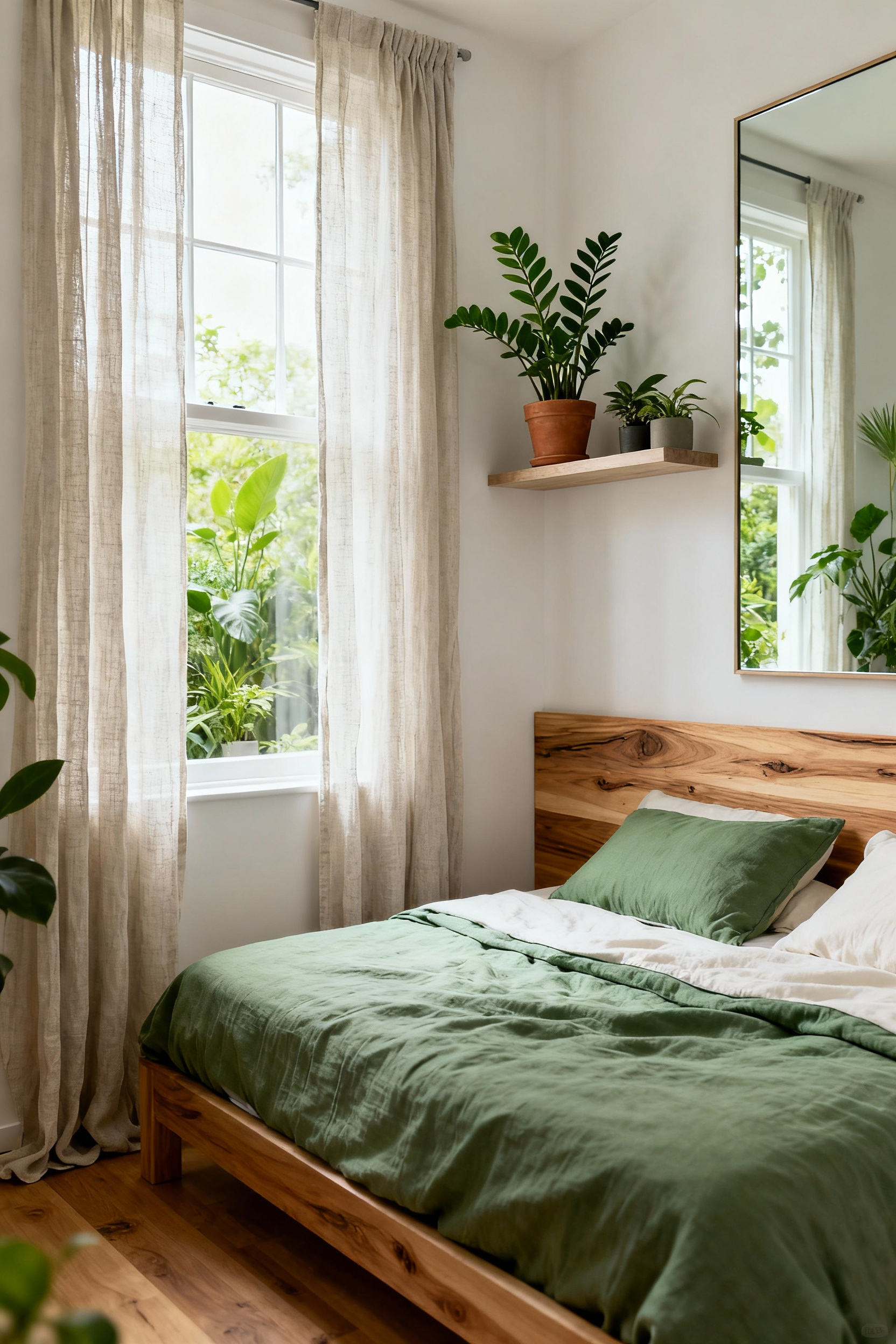 Small bedroom featuring biophilic design with natural light, green plants, wooden furniture, and organic textiles in a serene, calming atmosphere.