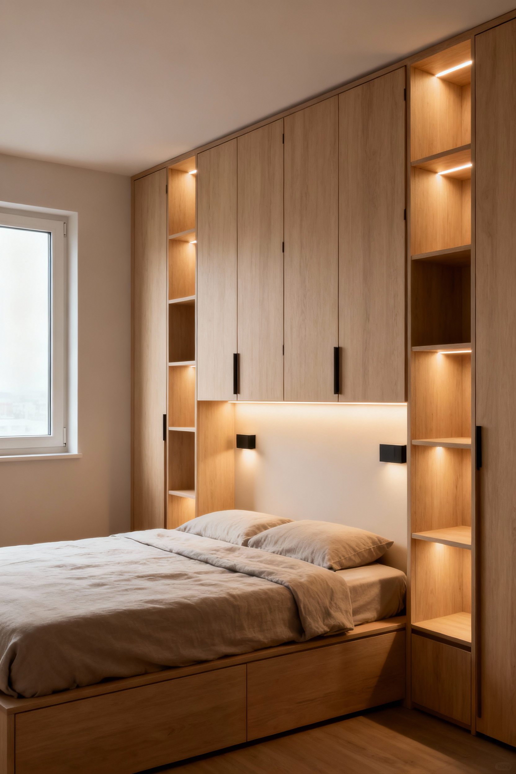 A serene small bedroom with floor-to-ceiling custom built-in cabinetry integrated around and above the bed, featuring light wood finishes and minimalist doors.