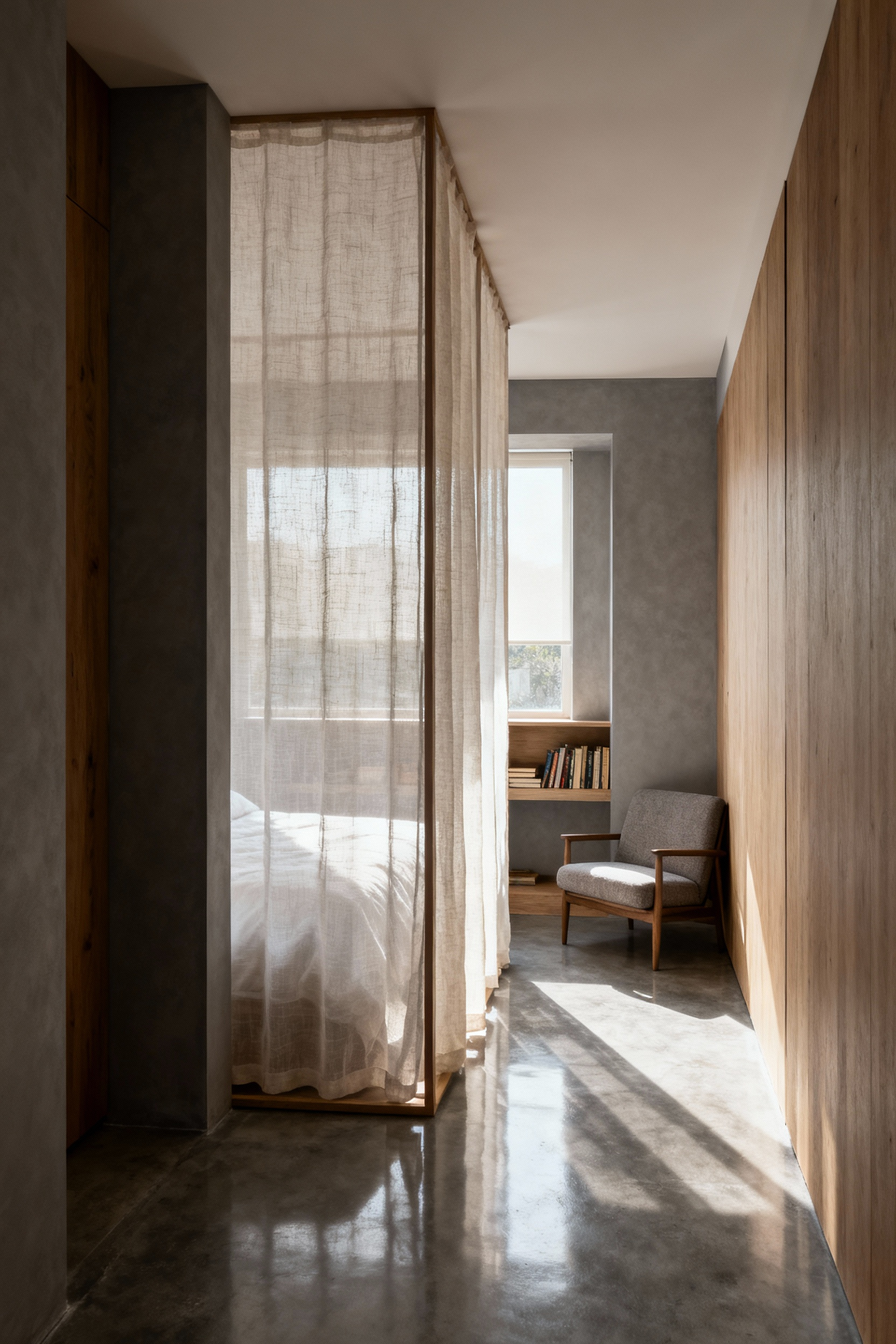 Elegant small bedroom with sheer linen curtain serving as a translucent room divider, diffusing natural light and creating distinct zones for sleeping and reading, emphasizing openness and serenity.