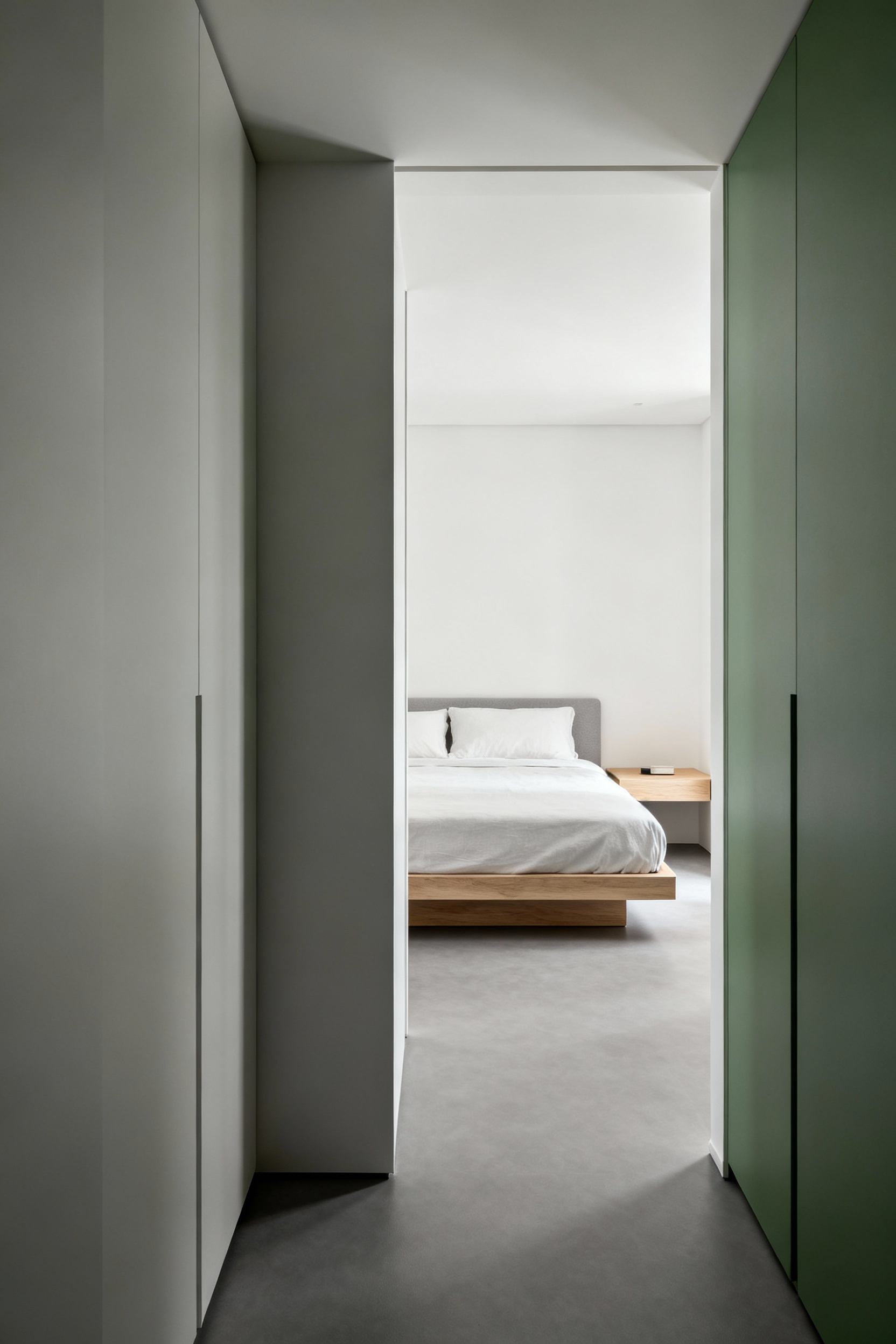 Small bedroom layout with clear, ergonomic movement pathways, minimalist furniture, and a tranquil atmosphere. Focus on optimized circulation and efficient use of space for comfort.
