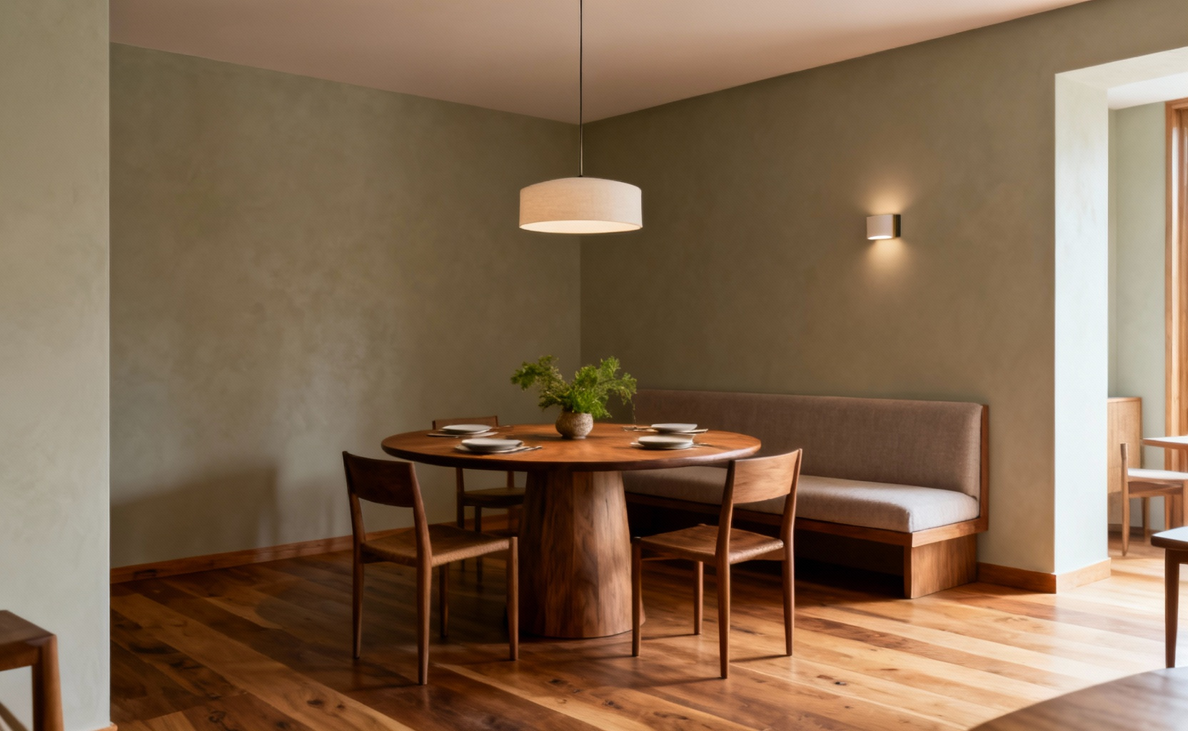Serene dining room designed for intentionality, featuring a round wooden table, soft lighting, and natural elements, creating a purposeful dining sanctuary.