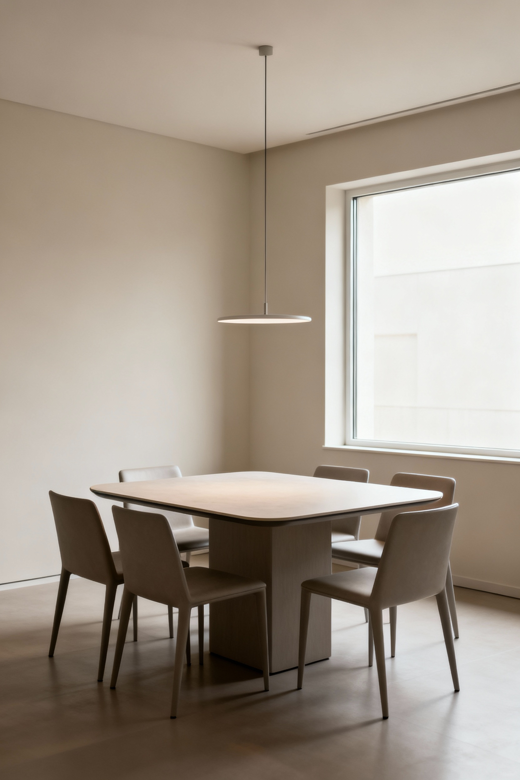 A modern dining room featuring a square dining table with rounded corners, complementing the room's square shape and demonstrating clear, unobstructed traffic flow around the table.
