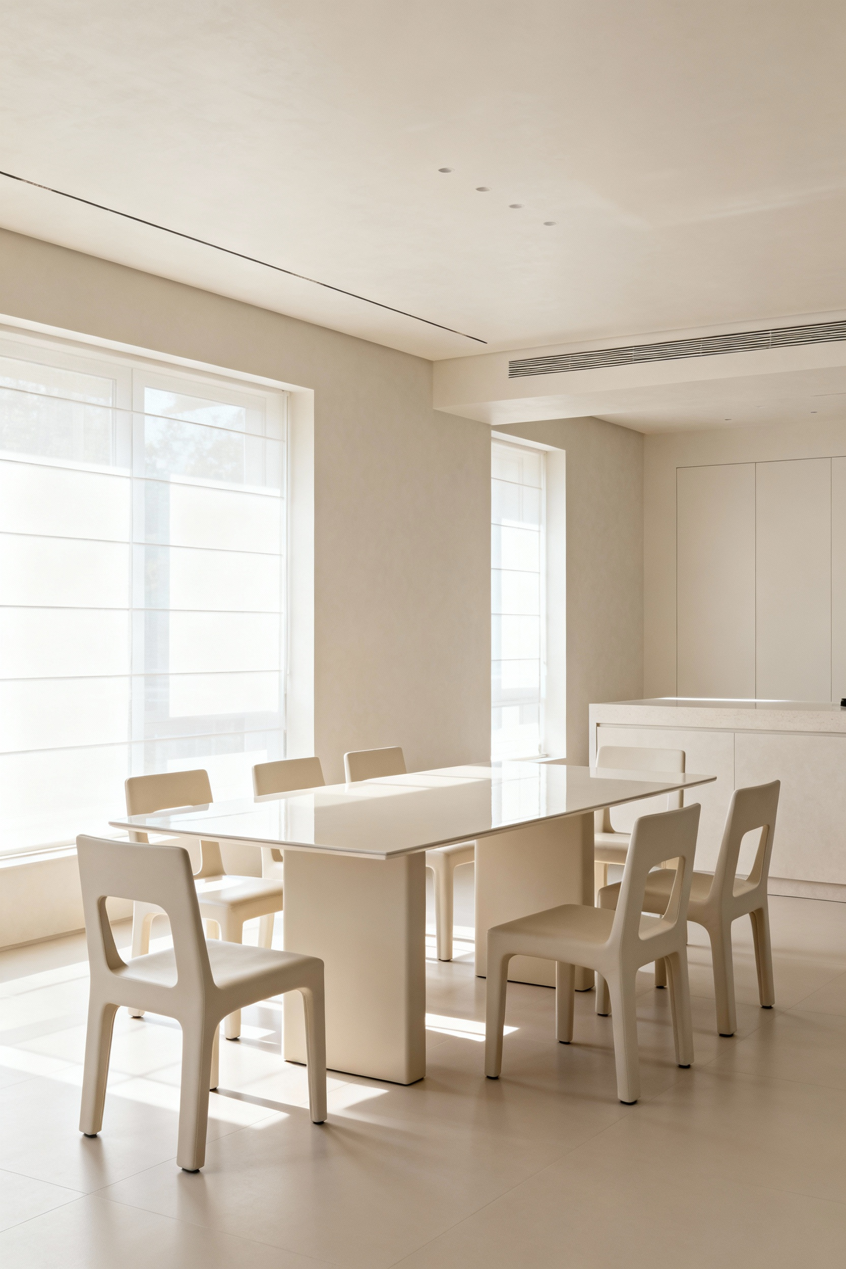 A beautifully balanced modern dining room, demonstrating optimal volumetric balance with appropriately sized furniture and clear pathways, avoiding overcrowding. Natural light fills the airy space.