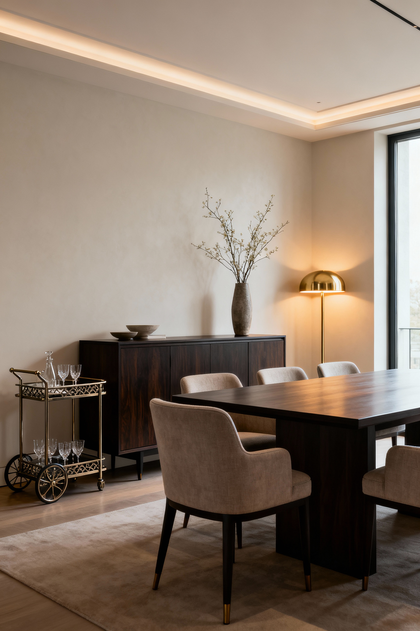 Elegant dining room showcasing functional juxtaposition with a dark wood credenza and subtle serving cart, creating seamless service and aesthetic harmony. No people.