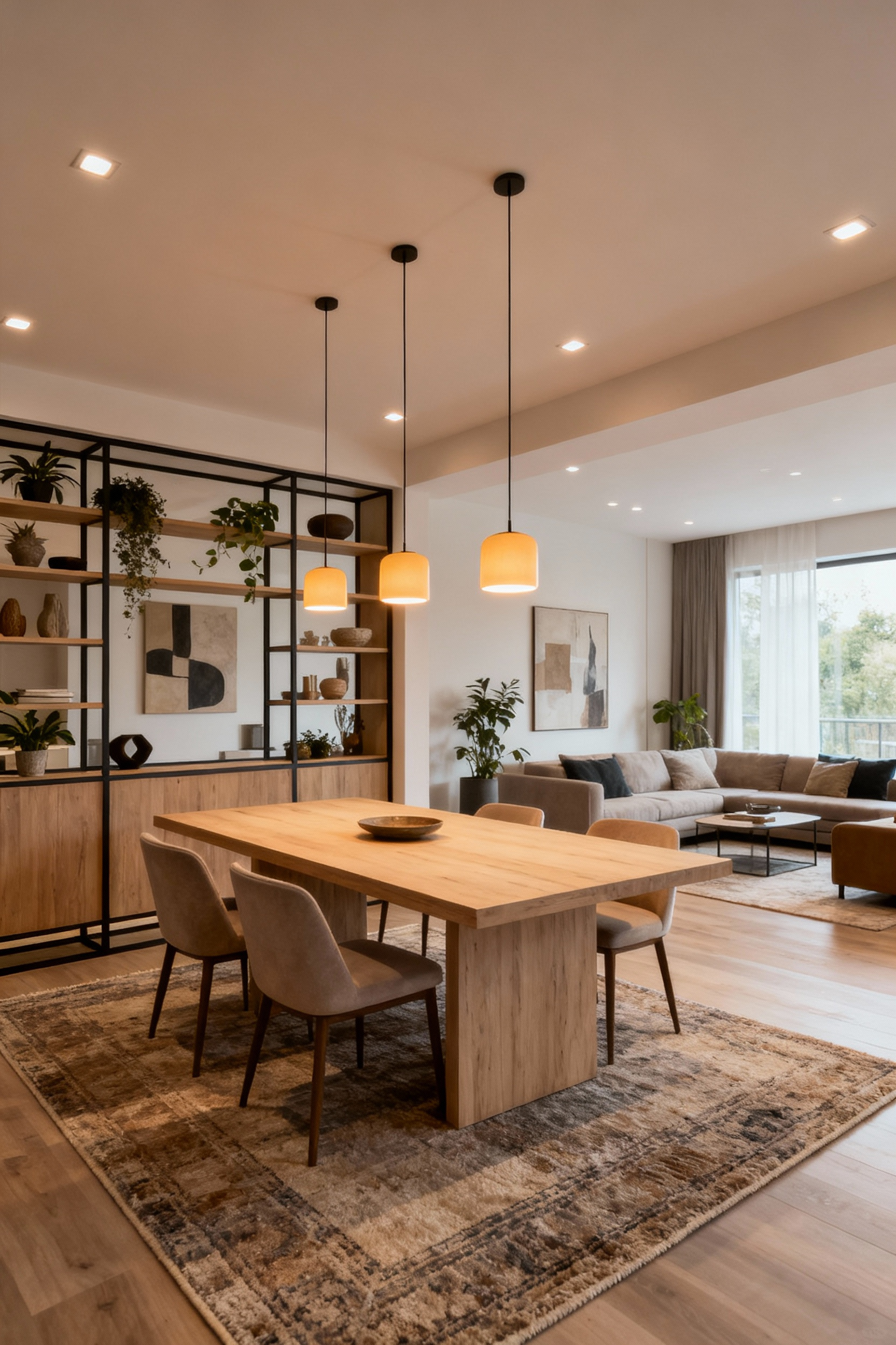 Elegant open-plan dining room showcasing clear zonal integrity with a large area rug, half-height shelving, and pendant lights defining the dining area, creating a serene and purposeful space.