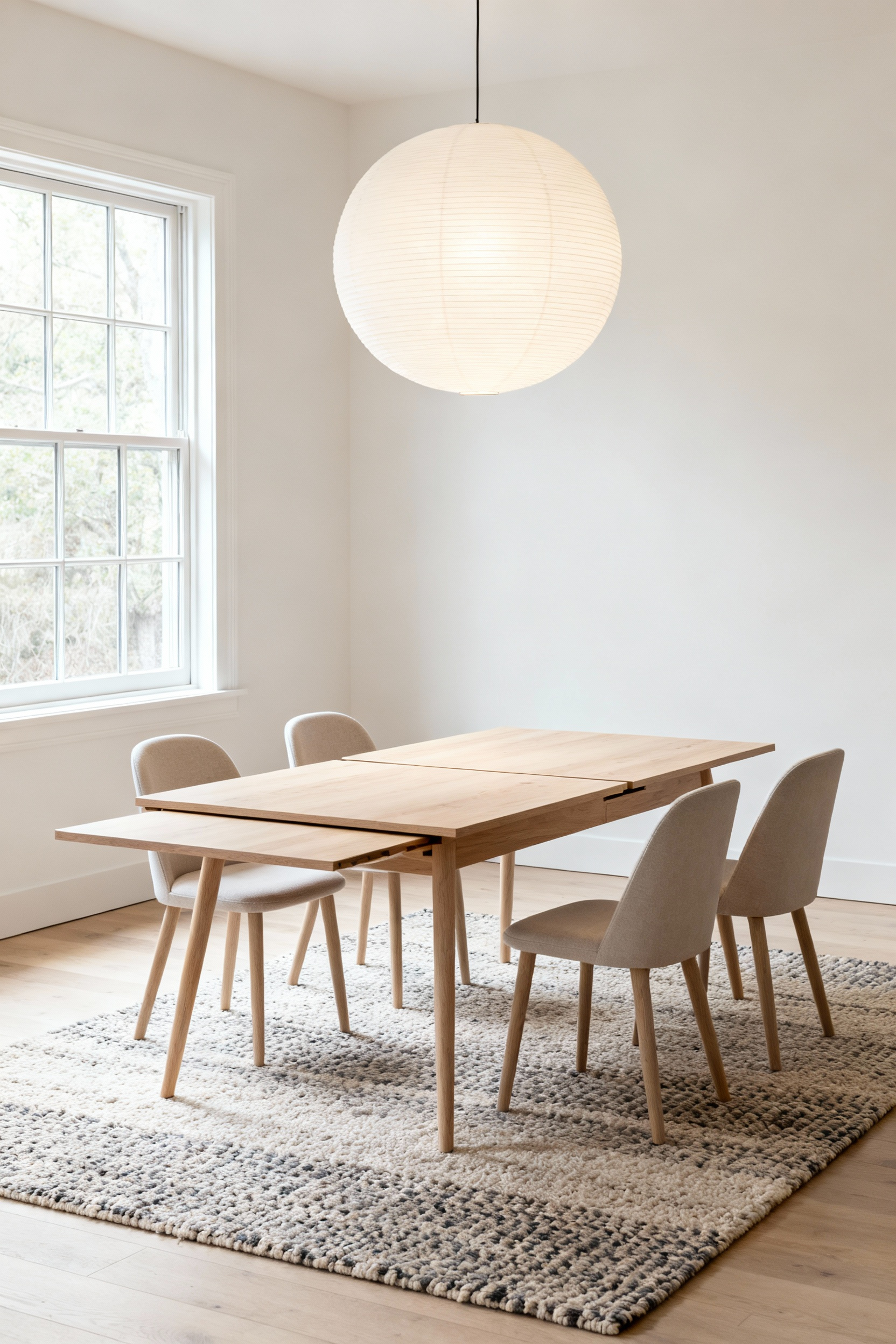 Modern dining room with a partially extended flexible dining table and adaptable chairs, set up for a small gathering, showcasing a versatile layout design.