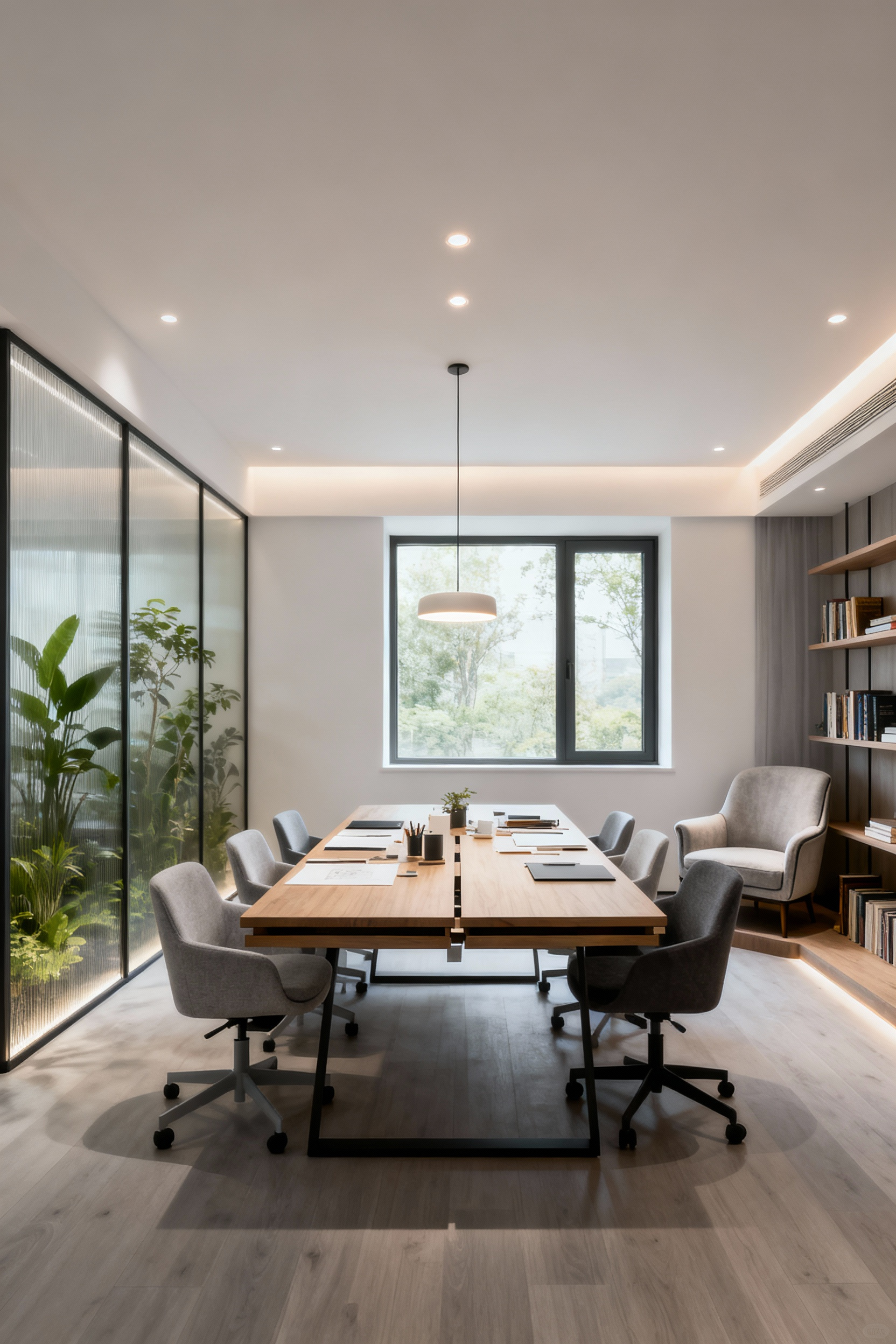 A portrait shot of a modern multi-functional dining room featuring an extendable table and a movable plant screen, demonstrating flexible layout design for various activities beyond dining.